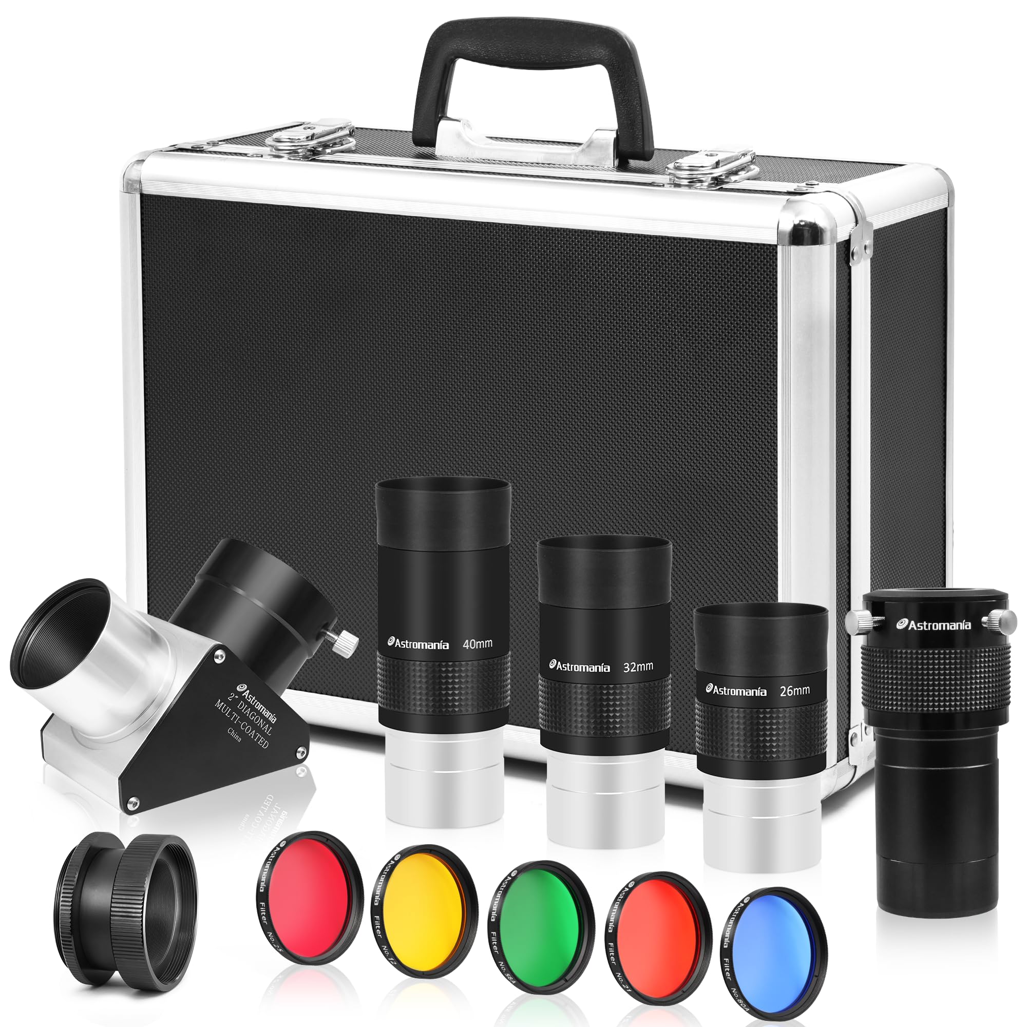 Astromania Telescope Accessory Set 12 Piece, 2 Inch Eyepiece and Filter Accessory Kit, 3pcs Kellner Telescope Eyepieces, 5pcs Colored Filters, Barlow
