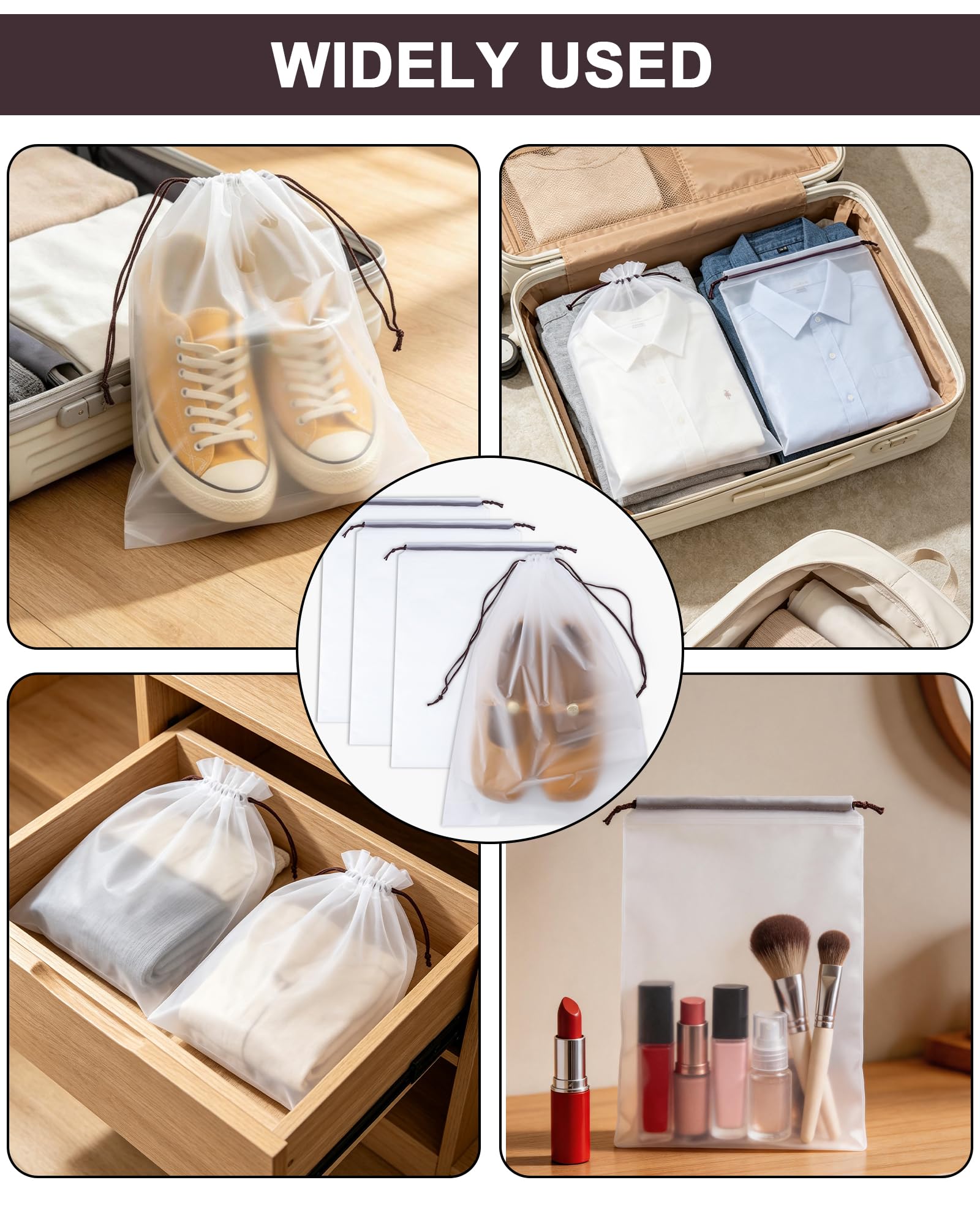Worki na Buty do Podróży, 8 Sztuk Organizer do Butów do Walizki Wodoodporny ze Ściągaczem, 30x40cm Przezroczyste Woreczki na Buty, Dom i Siłownia, z 1 Etykietami