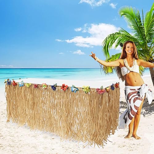 Miniatura 3 de Falda de mesa de hierba Luau de 9 pies, falda de mesa hawaiana para decoración de fiesta Luau, suministros de decoración de bar Hula Tiki, manteles