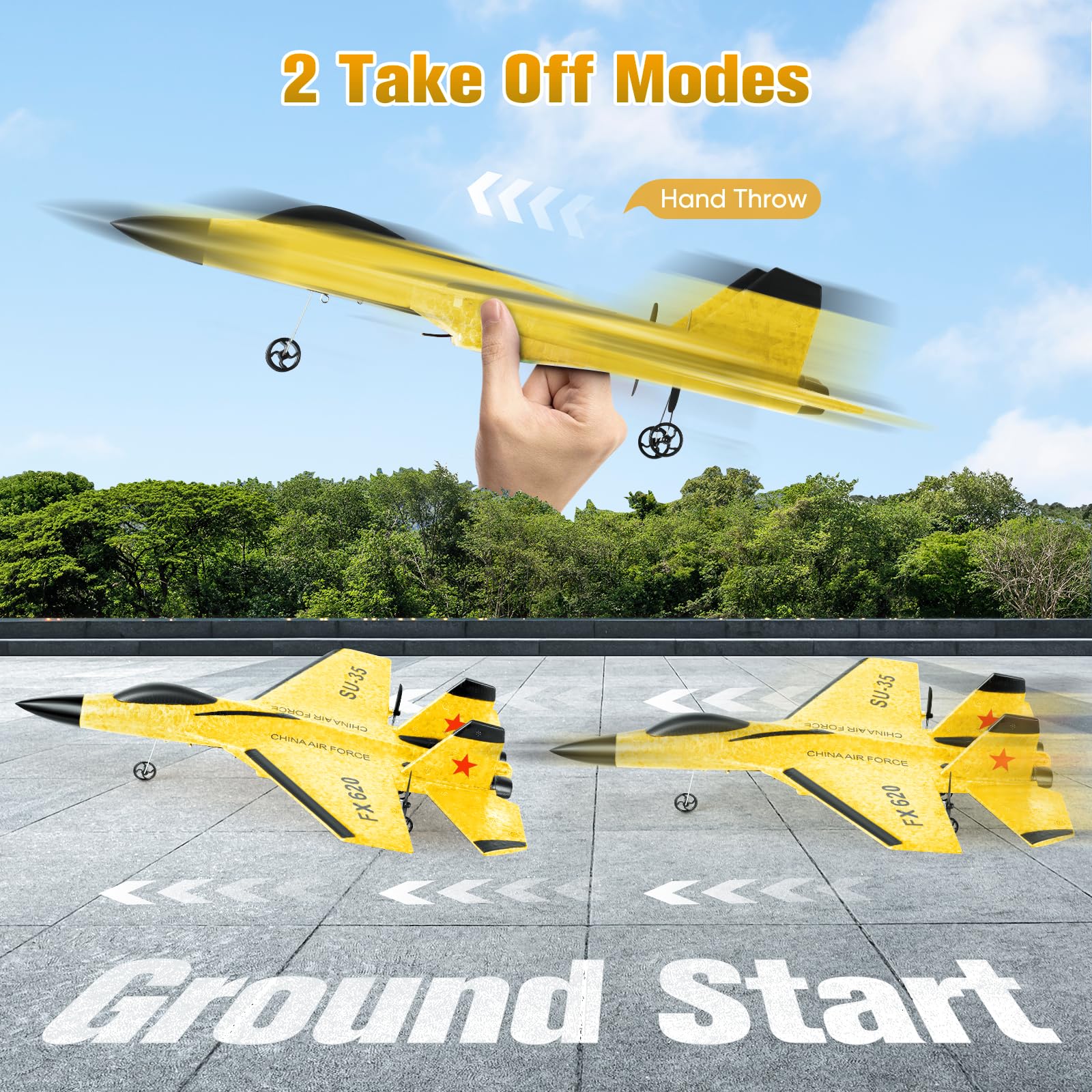 Aereo RC 2,4 GHz, Aereo Telecomandato con Giroscopio a 3 Assi, Aereo da Combattimento in Schiuma 2 Canali con 2 Batterie e Luci LED, Facile da Pilotare per Principianti Bambini Adulti, Giallo