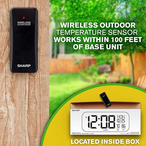 Miniatura 6 de Sharp Reloj LED de pantalla grande de gran tamaño con temperatura exterior/interior con sensor para exteriores, con fecha y día de la semana, reloj