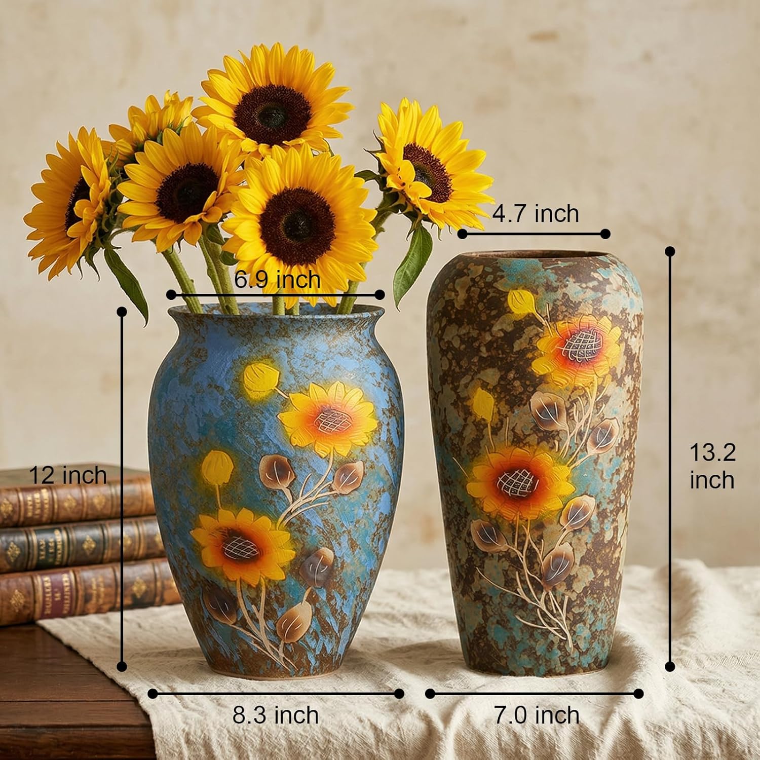 12 Inch Ceramic Flower Vase with Drainage Hole, Decorative Vase for Indoor & Outdoor Use, Available in Blue & Rust Color, Includes Rubber Stopper & Mesh Pad