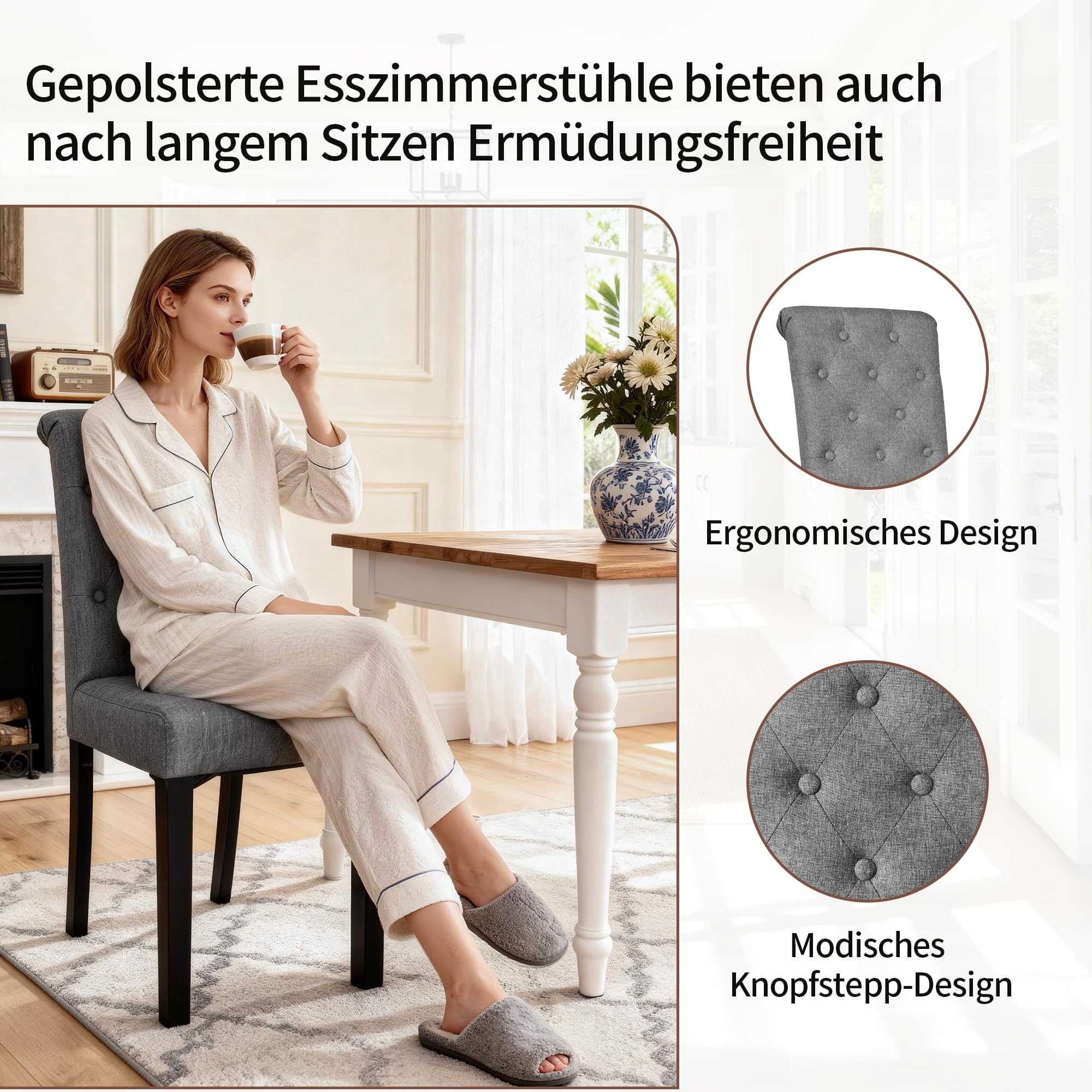 BonVache Esszimmerstühle 2er Set, Küchenstuhl Polsterstuhl mit hoher Rückenlehne, Beine aus Massivholz, Leinenoptik Gepolsterte Sitzfläche für Esszimmer, Wohnzimmer, Arbeitszimmer, Dunkelgrau
