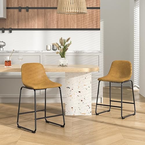 Miniatura 76 de Rfiver Taburetes de bar de piel sintética de poliuretano, juego de 2, taburetes industriales con respaldo y reposapiés, sillas modernas sin brazos