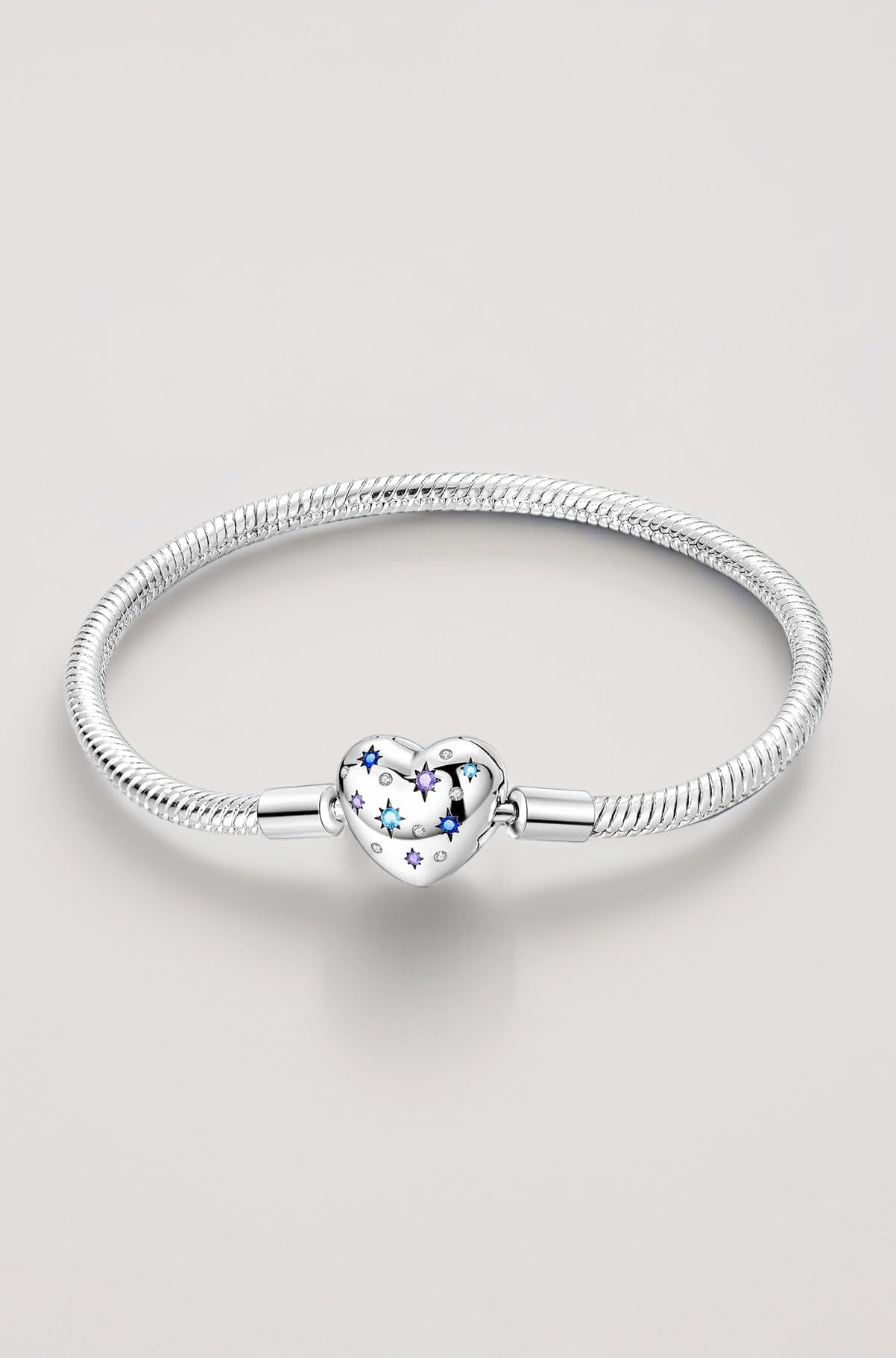 Charm Bracelets for Women Sterling Silver,Heart Buckle Snake Chain Bracelet Travel Charm Moments European Bracelets Jewelry Compatible with Pandora Charms,Gift for Her