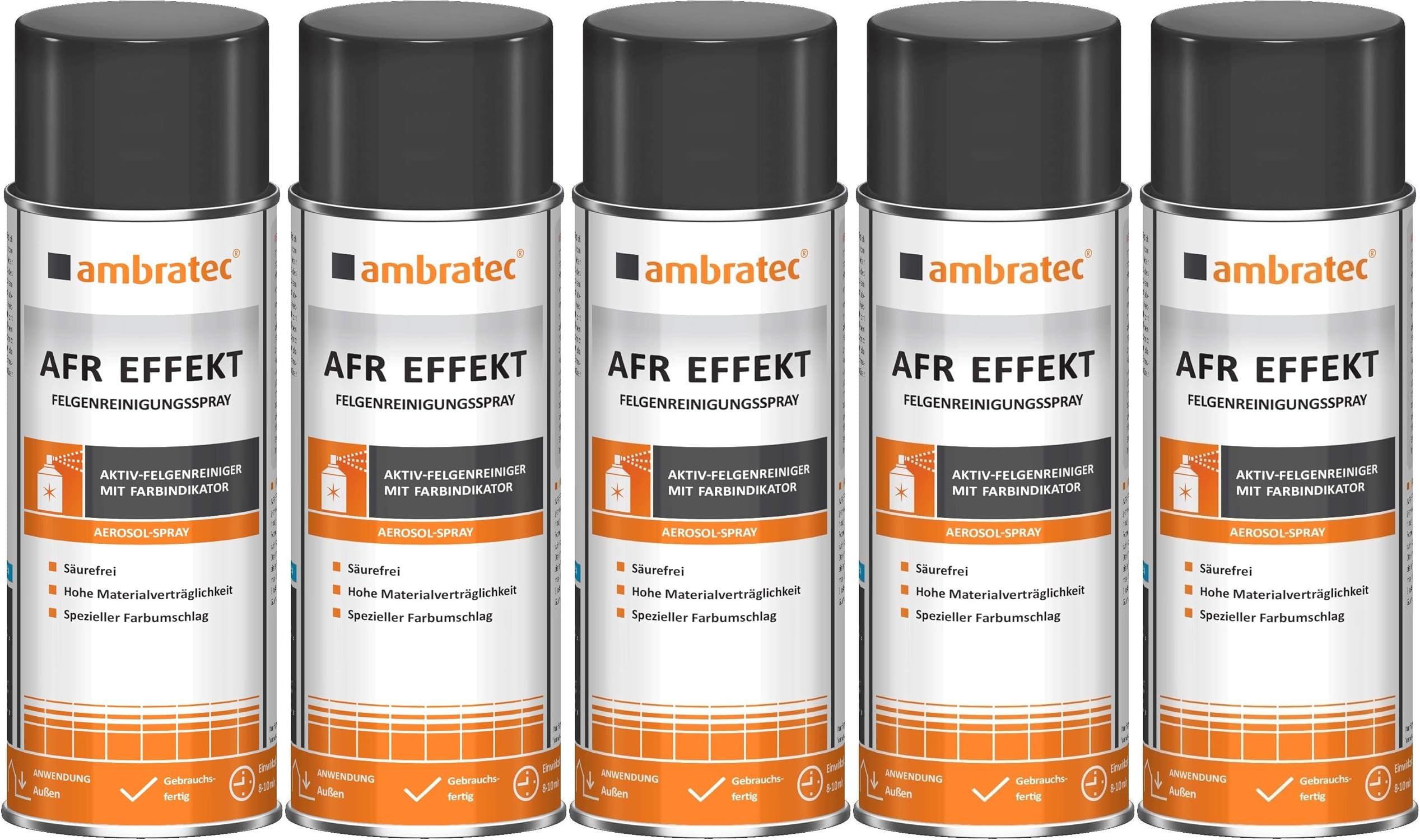 Ambratec AFR Effekt Felgenreinigungsspray 5x 400 ml Felgenreiniger gegen Bremsstaub für Chrom Alufelgen mit Farbindikator für Auto Motorrad PKW LKW