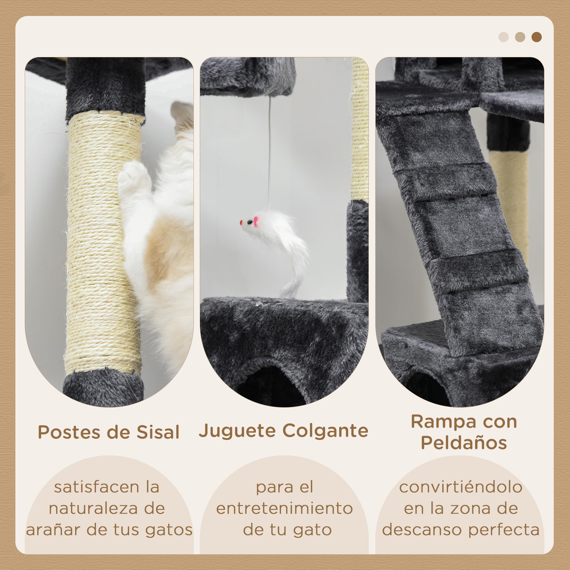 PawHut Árbol Rascador para Gatos Torre Escalador 2 Cuevas 173cm Gris Oscuro | Árbol para Gatos, 3 Camas, 2 Rampas, Postes de Sisal, 2 Ratones Colgantes