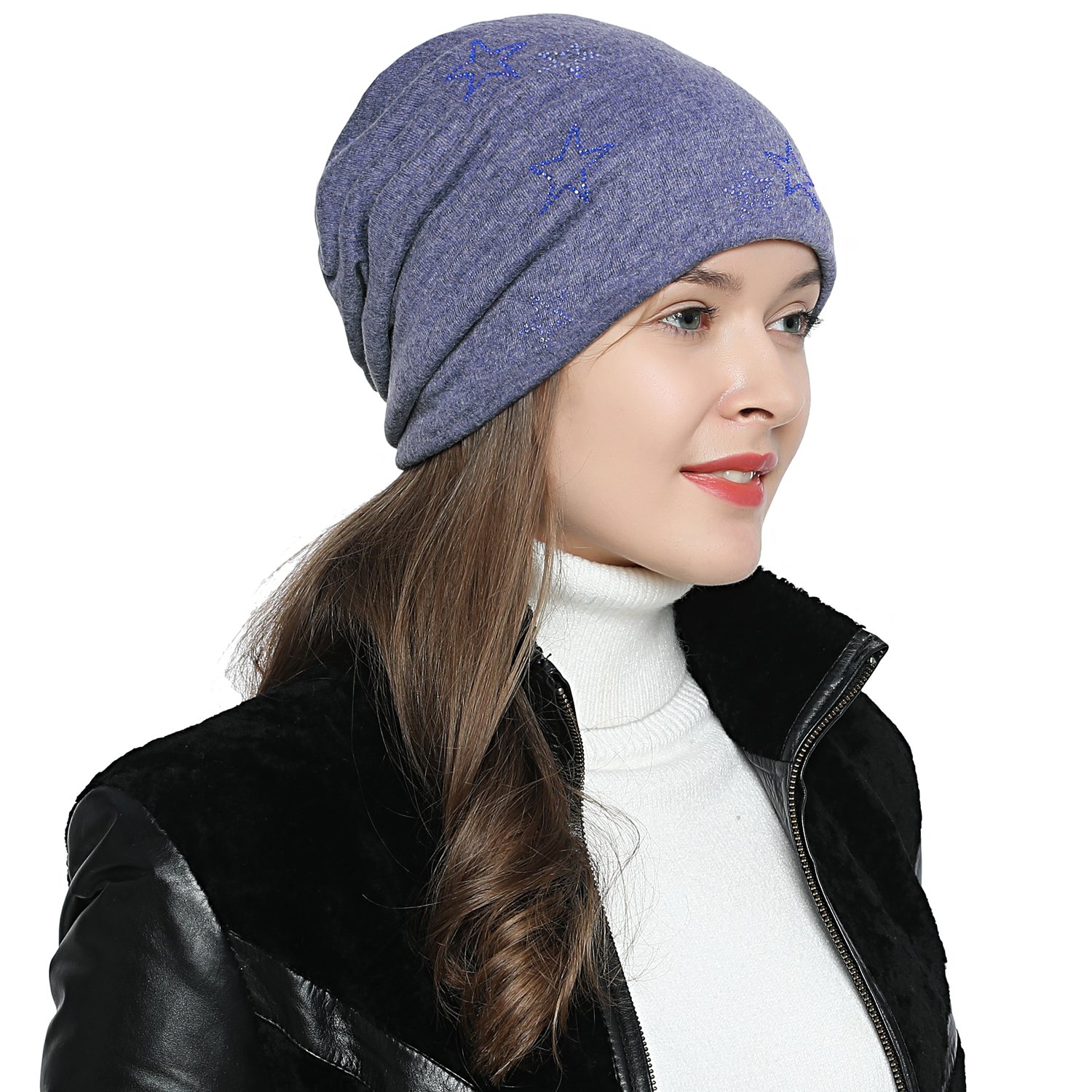 DonDon Mütze Damen Wintermütze Slouch Beanie gefüttert mit Stern Print
