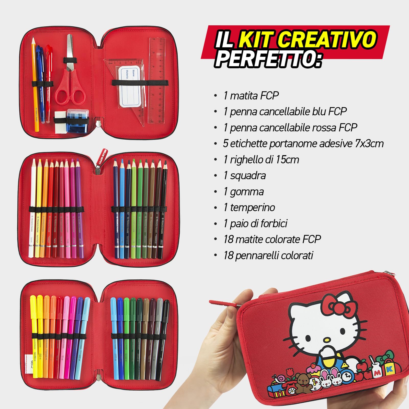 HELLO KITTY - Astuccio Scuola Ufficiale Hello Kitty, Astuccio 3 Scomparti Bambino e Bambina con Set Cancelleria, Penna Cancellabile Blu e Pratica Chiusura a Zip, 20x13Hx7 cm