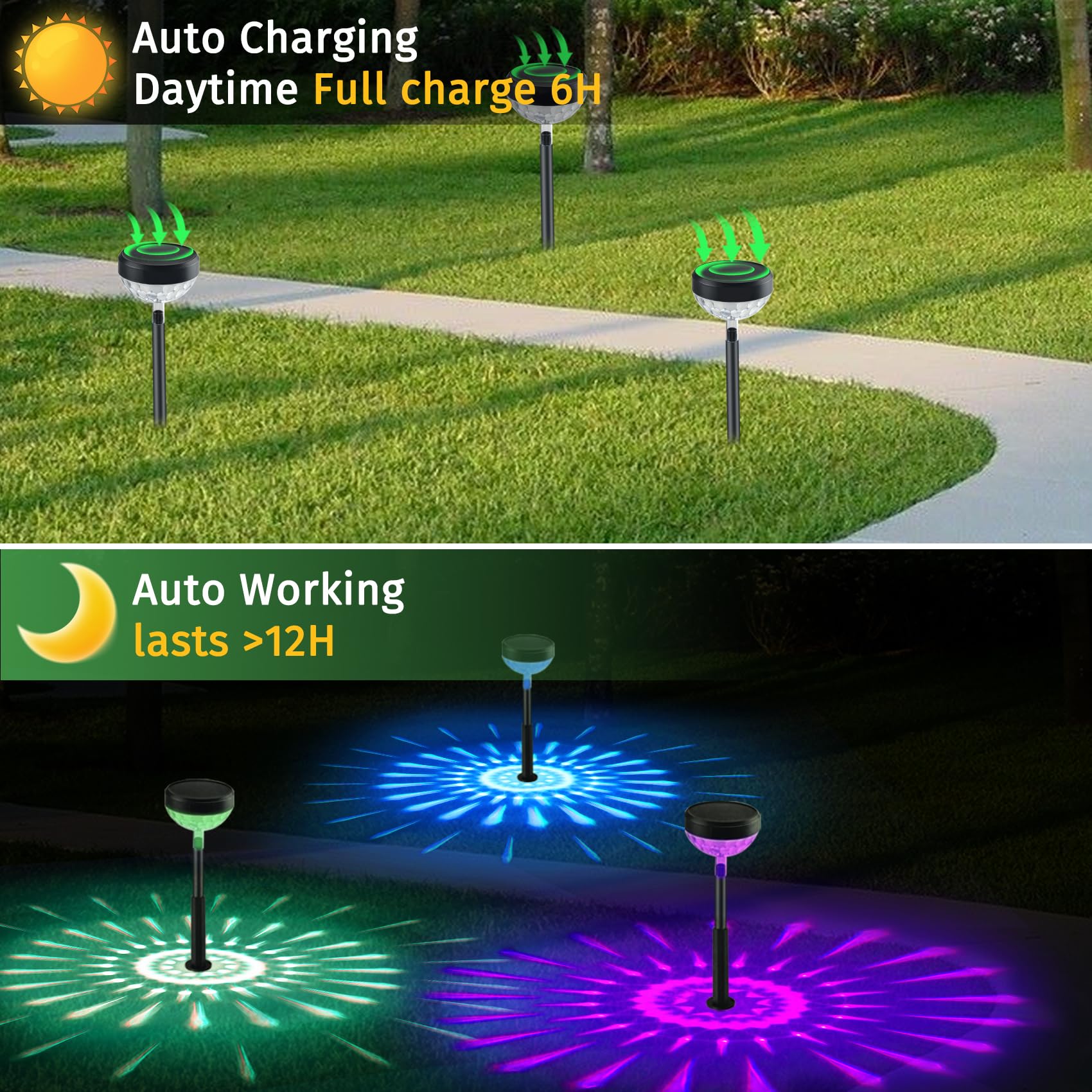 8 lampade solari per esterni da giardino con cambio colore, 1200 mAh, luci solari con modalità bianco caldo e RGB, IP65, impermeabili, illuminazione solare da giardino per prato, terrazza
