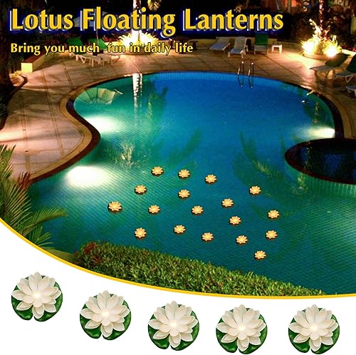 Miniatura 5 de 24 luces flotantes para piscina, faroles flotantes de loto, flores flotantes artificiales realistas para piscina con luces LED, almohadillas de
