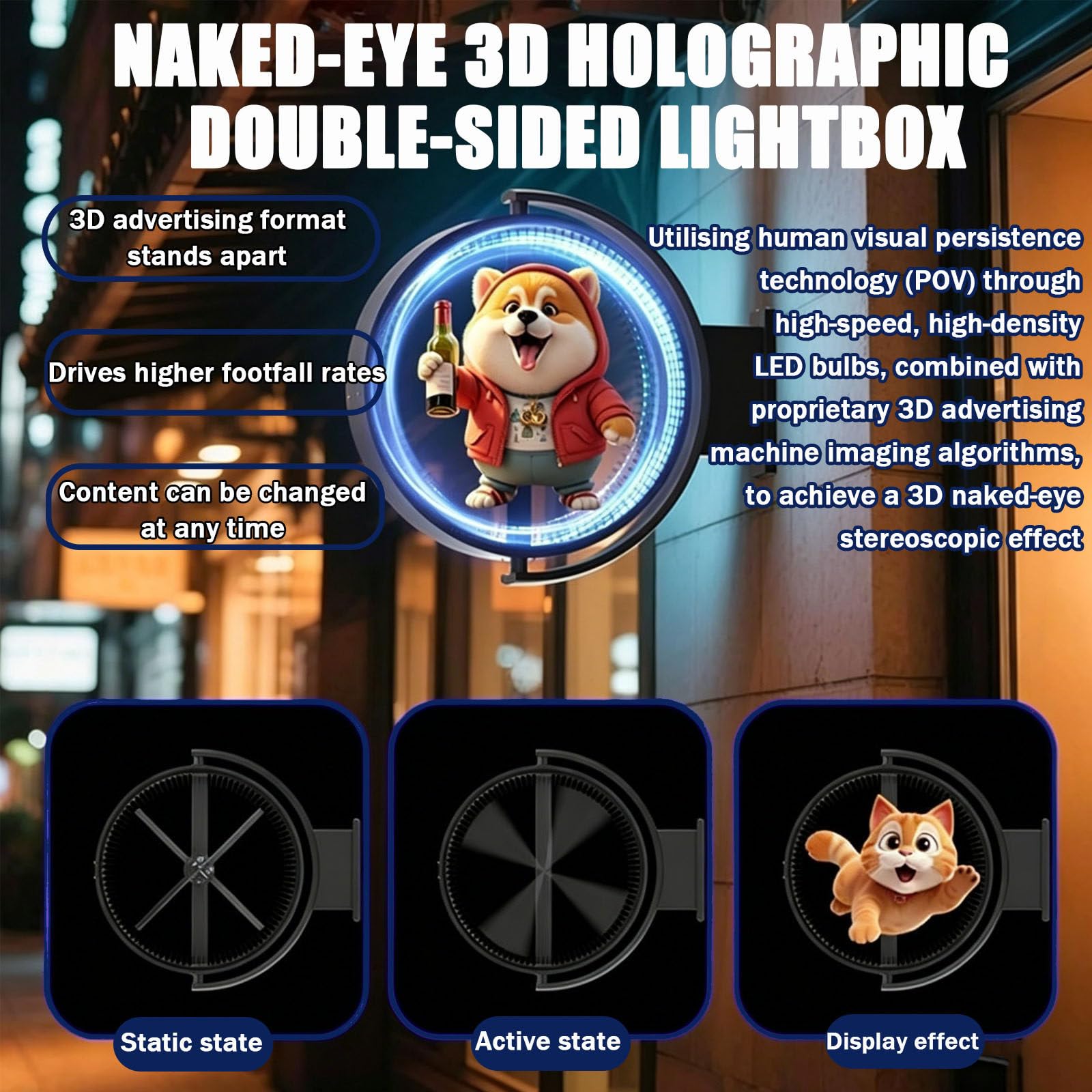 Holograficzny znak 3D z wentylatorem, dwustronna skrzynka świetlna LED ze sterowaniem aplikacją, wodoodporna i pyłoszczelna do reklamy biznesowej i użytku w barze, 50 cm