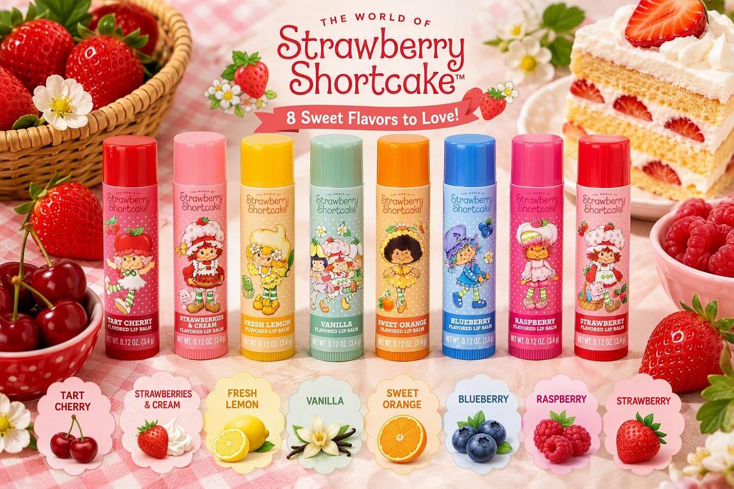 Strawberry Shortcake 8 Flavored Moisturizing Lip Balms | Cherry, Strawberries & Cream, Lemon, Vanilla, Orange, Blueberry, Raspberry, Strawberry | Cruelty Free