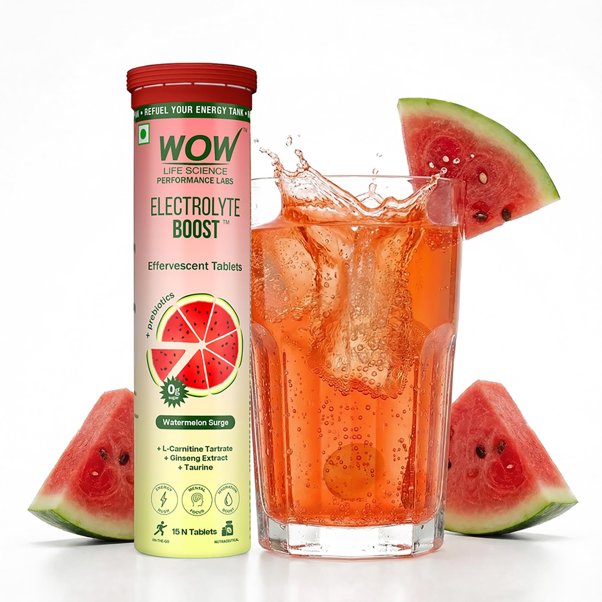 WOW Life Science Electrolyte Boost Effervescent Tablets | Zero Sugar Hydration + Clean Energy | Electrolytes with Prebiotics, L-Carnitine, Ginseng & Taurine | Great Tasting Drink Tablets | Watermelon | 15 Tablets (Pack of 1)