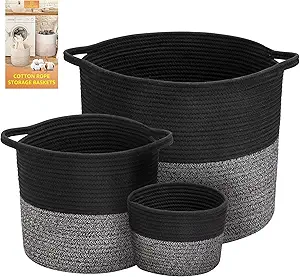 COSYLAND Large Woven cotton Storage basket set of 3, Laundry blanket Basket 15.8x15.8x14.6 inches Cotton Rope Organizer for Blanket Toys Towels Baby Nursery Hamper Bin with Handle, 3 Pack set (3 pack, Grey)