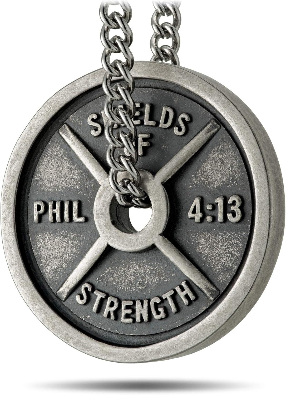 Men's Stainless Steel with Antique Finish Weight Plate Necklace - Philippians 4:13