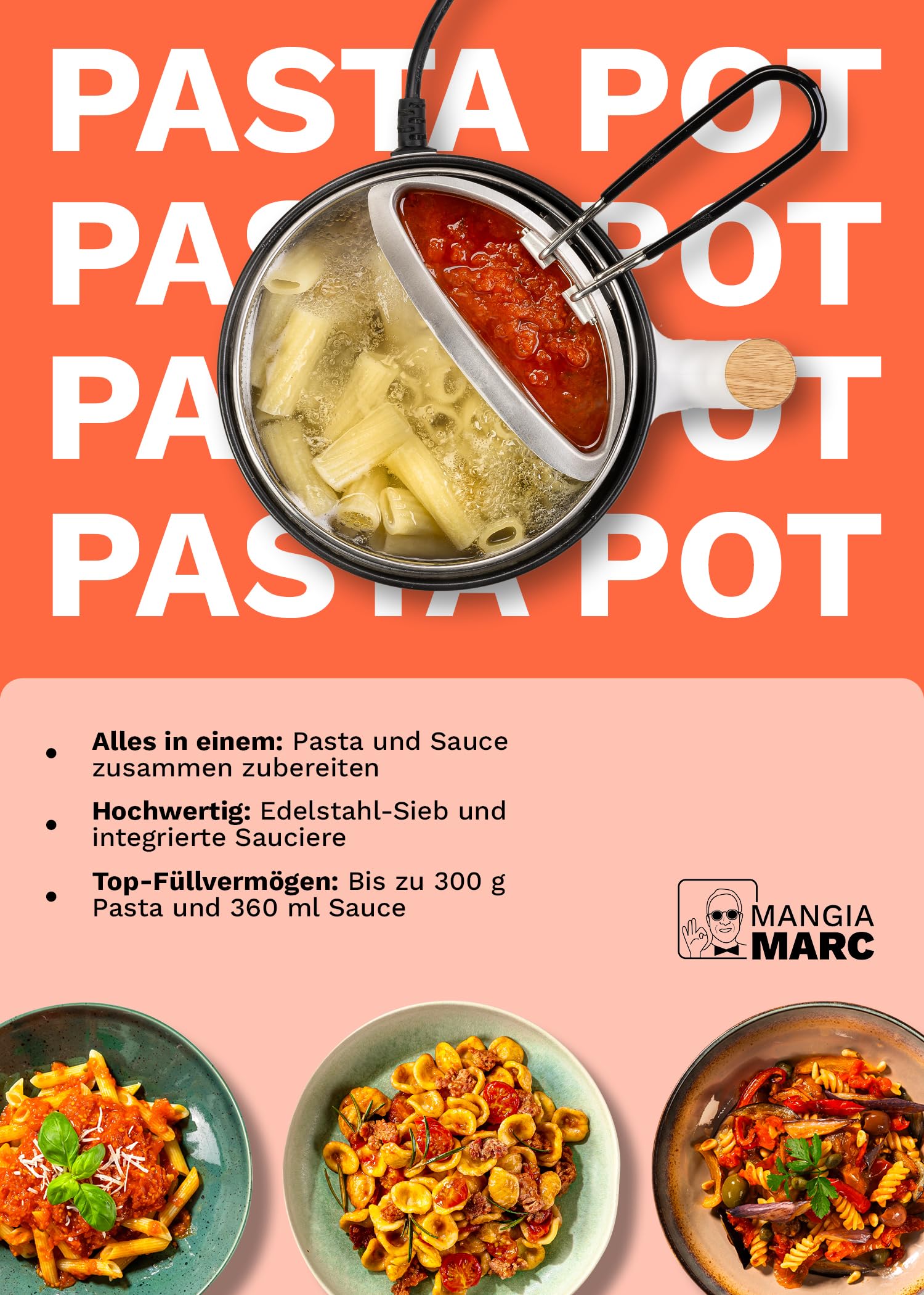 All-In-One Pastapot I Nudelkocher mit Sieb & Sauciere | Pasta & Soße in nur 5 Minuten I Vollelektrischer Pastakocher I Kein Herd nötig