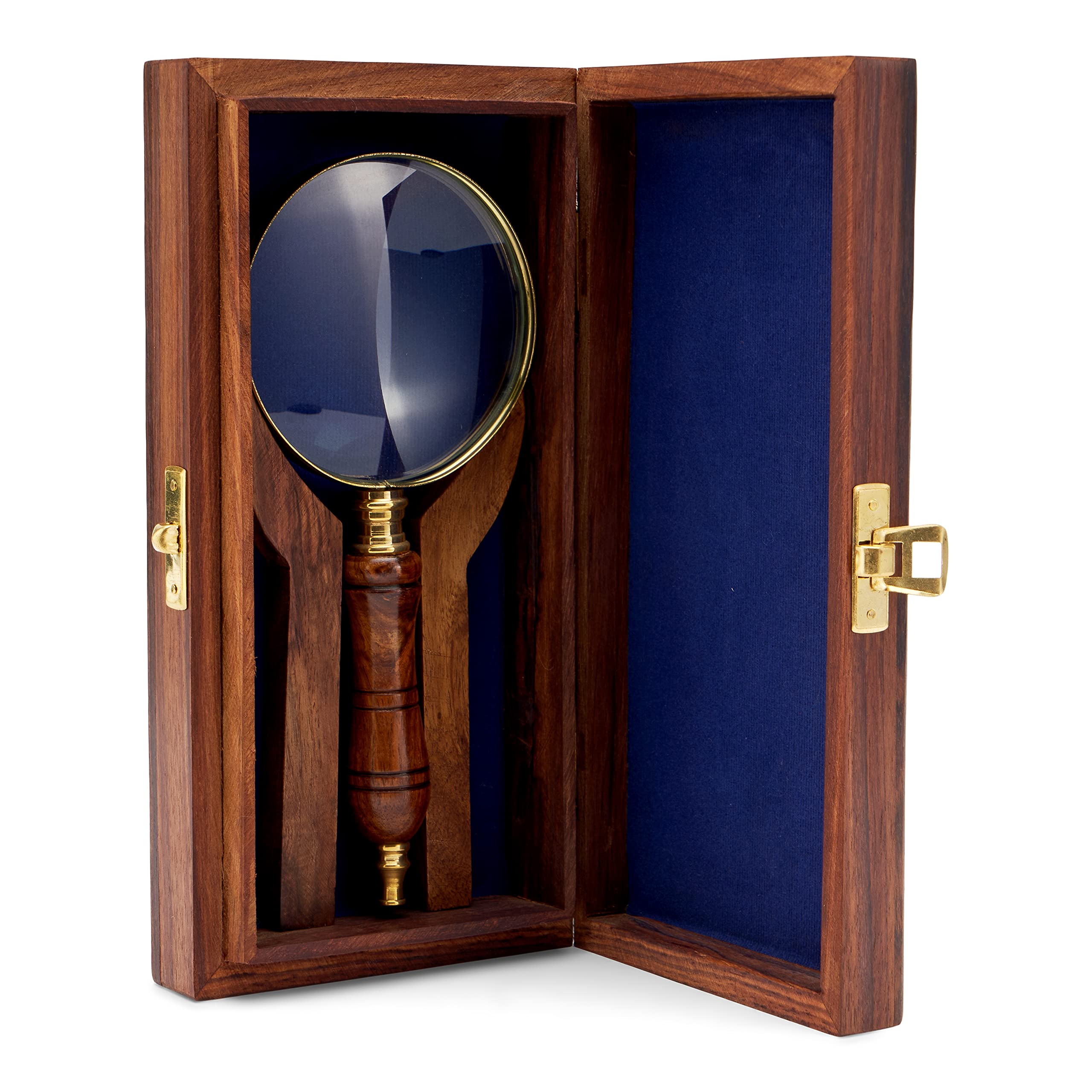 NKlaus Brass Magnifier, 7.5 cm Diameter, Wood Handle, Wooden Box, 17.5 cm Length, 115 g Weight, 6,5cm