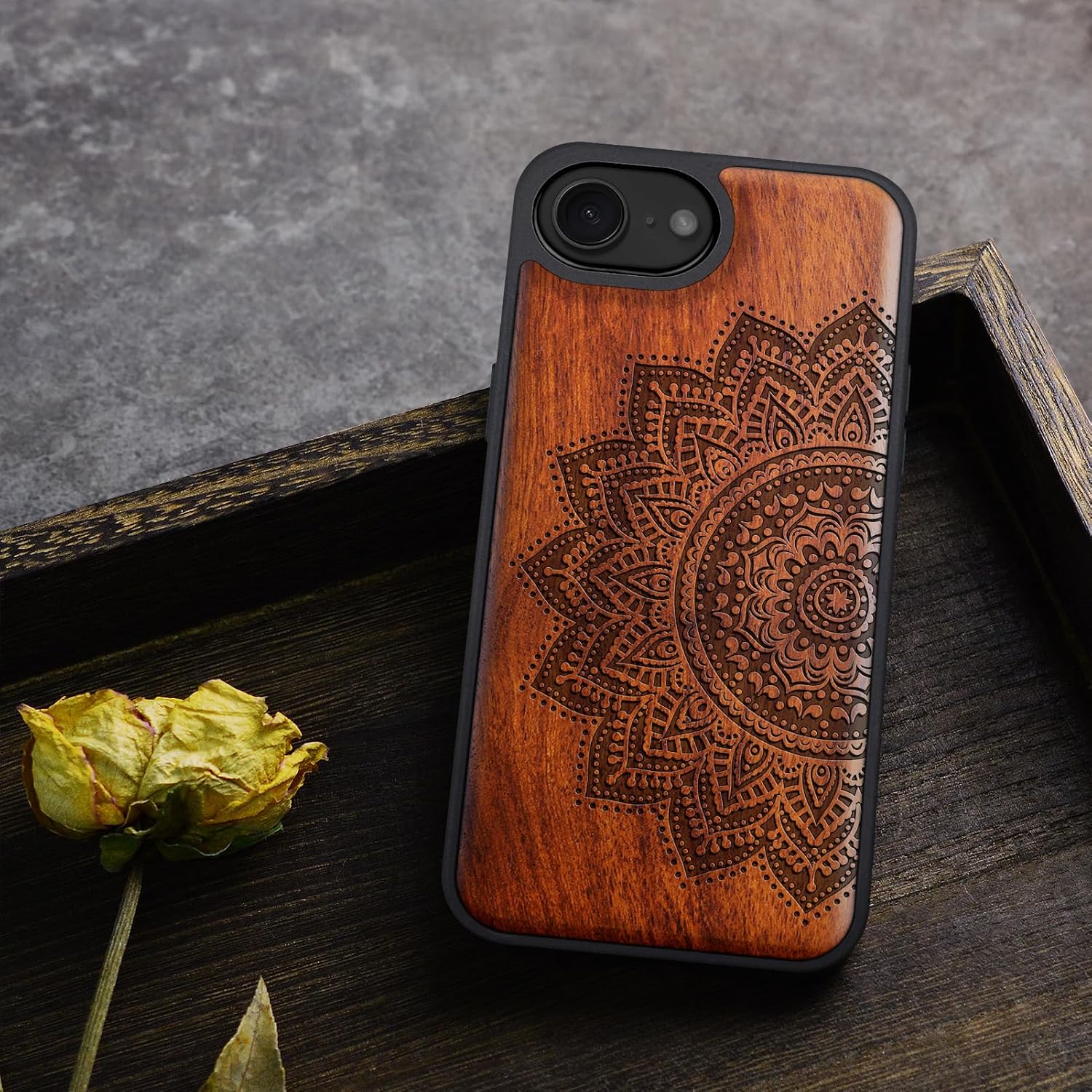 Carveit Magnetic Wooden Case for iPhone 16e / 17e, Solid Wood & Black TPU, Artisan Engraved Design, Shockproof Cover, Compatible with MagSafe Wireless Chargers, Mandala Art - Rosy