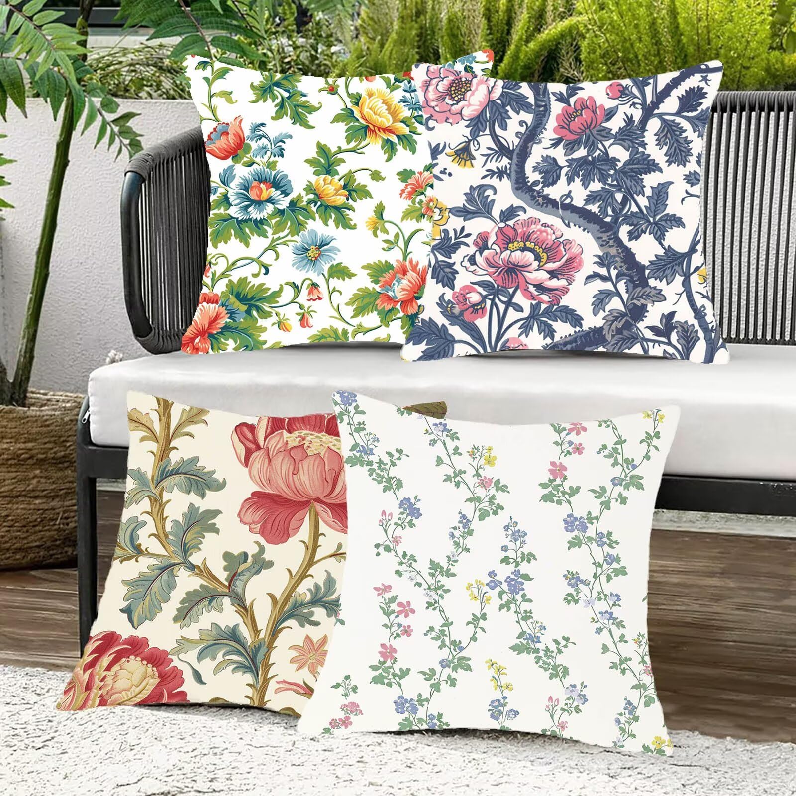 Kissenbezug 60x60 cm Blume 4er Set Sofakissen Superweichem Doppelnähten Versteckter Reißverschluss Blau Outdoor Kissen Leinen gelten für Auto Terrassen-Gartenbank Wohndeko Schlafzimmer Sofa 6-P