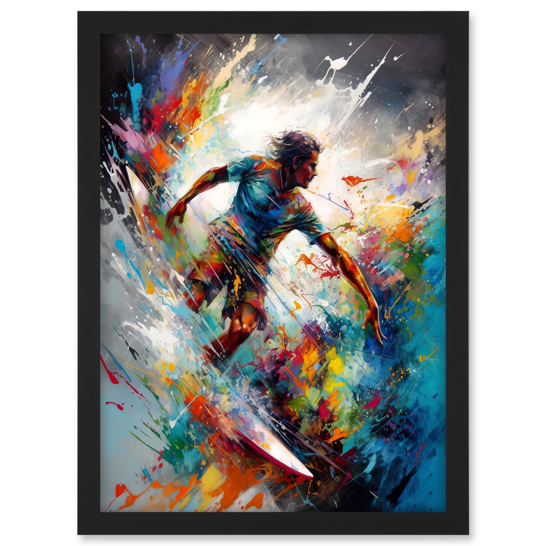 Artery8 Surfer Surfing on Rainbow Paint Splat Waves Artwork Framed A3 Wall Art Print