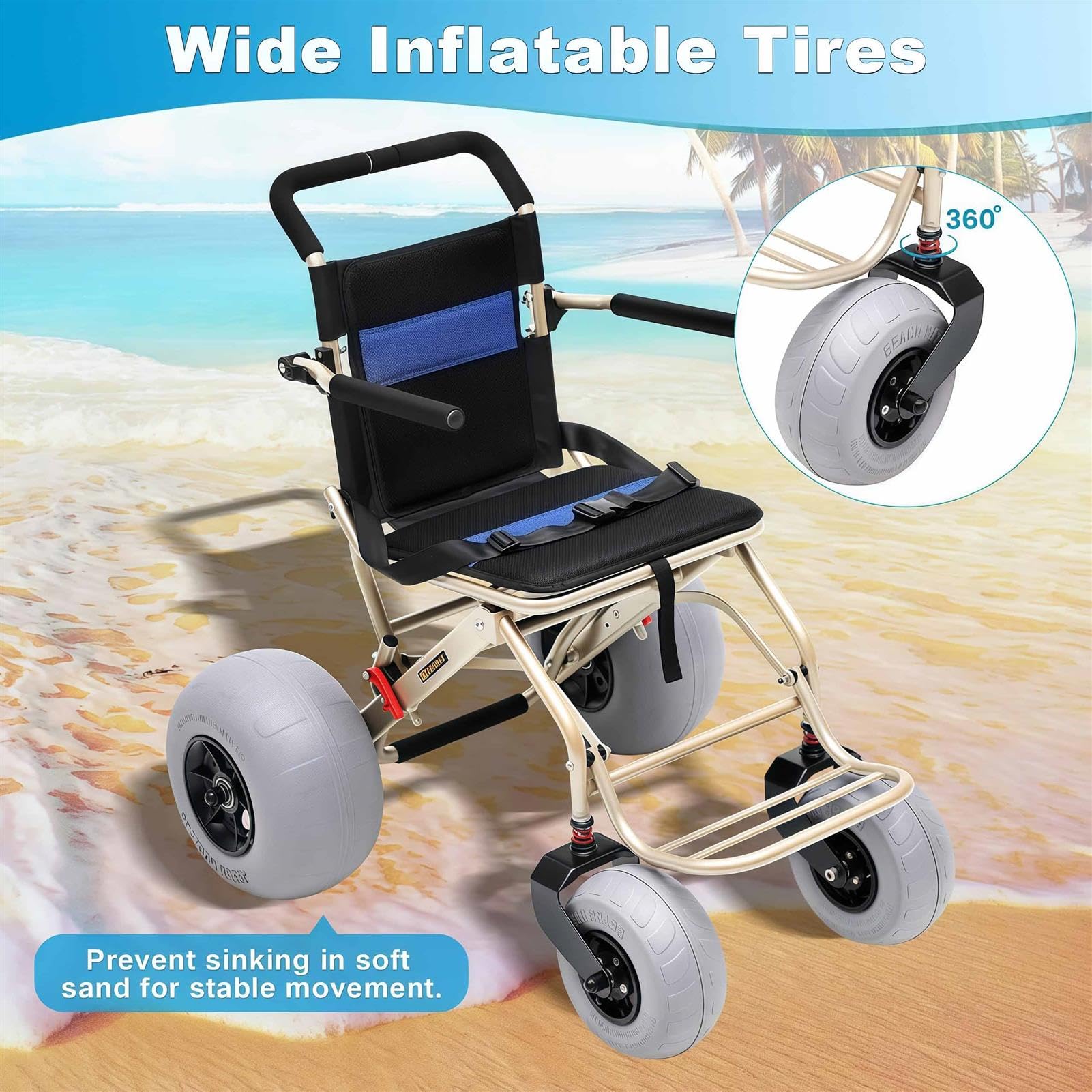 Silla de ruedas plegable todo terreno para playa, neumáticos de globo y ruedas de liberación rápida, capacidad de peso de 100 kg para arena, hierba, grava y acceso al agua
