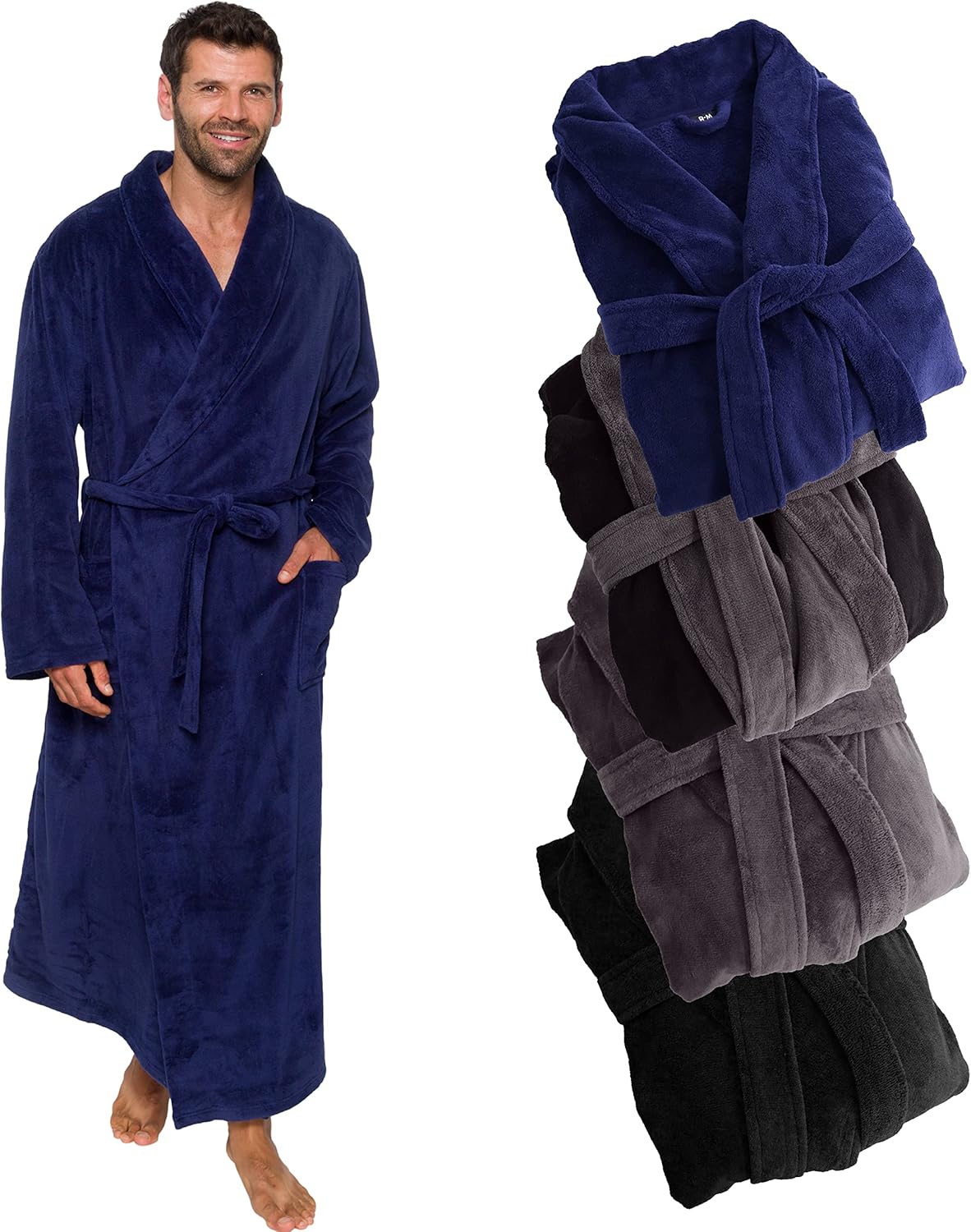 Ross Michaels Mens Robe Big & Tall - Long Plush Shawl Collar Fleece Bathrobe (Navy, XX-Large-3X-Large)