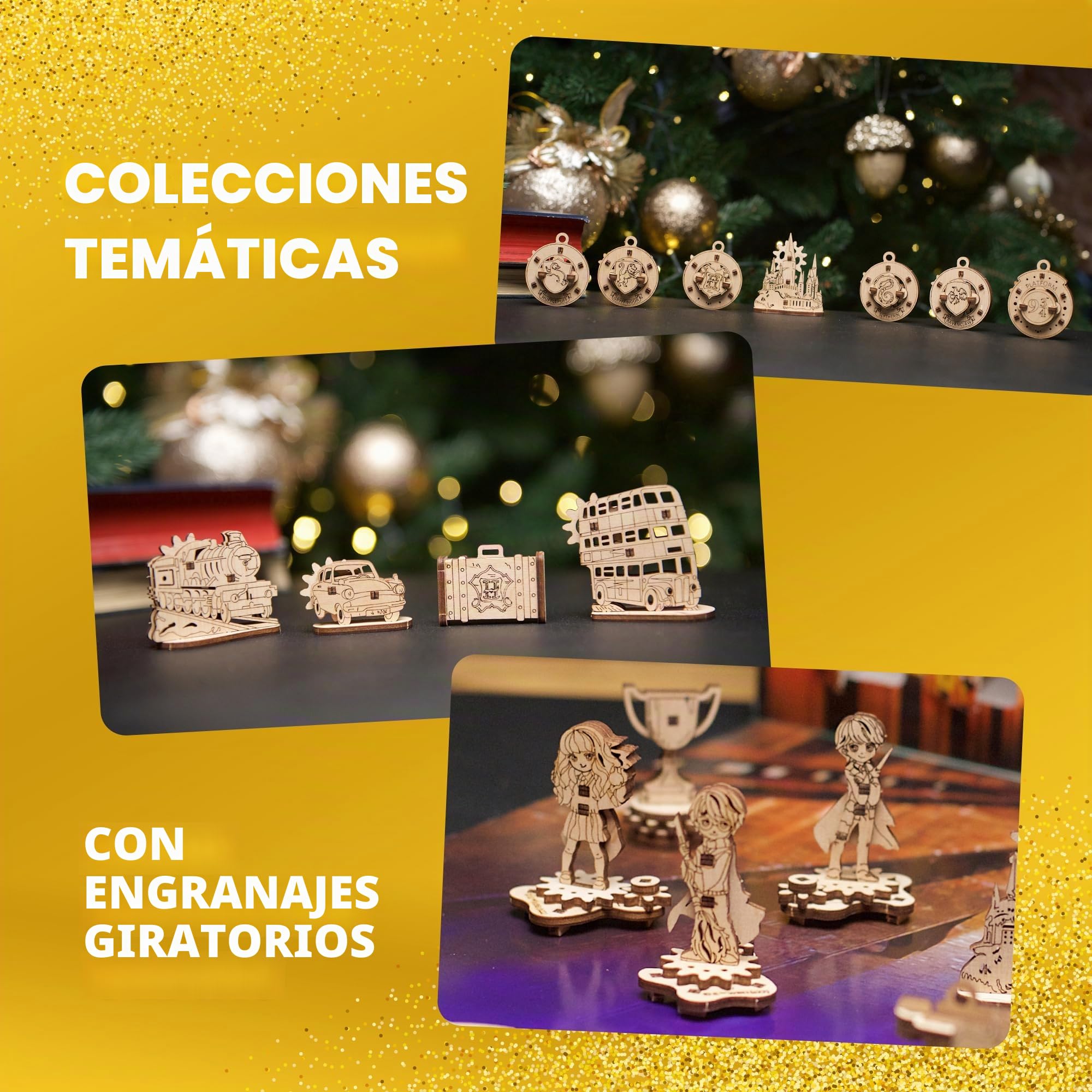 UGEARS Calendario Adviento 2023 Harry Potter - Maquetas para Construir - Calendario de Adviento de Cuenta Regresiva de Navidad con 24 maquetas Madera - Incluye Decoraciones para árboles de Navidad