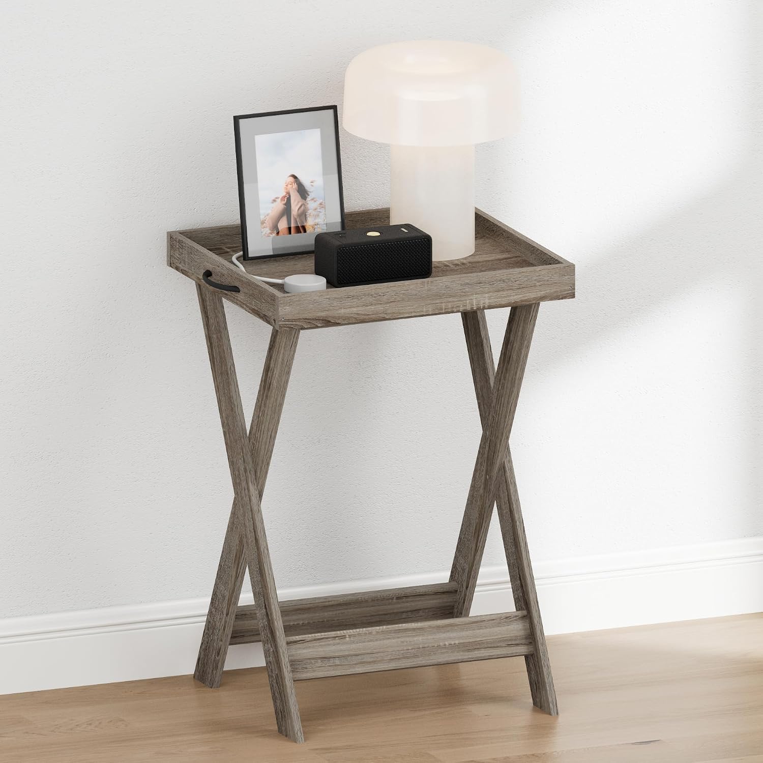 Furinno Classic Night Stand, Square Nightstand with X-Legs, Removable Tray Top End Table, Criss-Crossed Leg Side Table, Bedside Table, Tray Table, for Bedroom, Closet, Dorm, French Oak