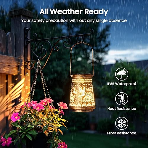 Miniatura 4 de Paquete de 2 faroles solares impermeables para exteriores, estilo retro, de metal, colibrí, decoración de jardín, regalos para mujeres, mamá,
