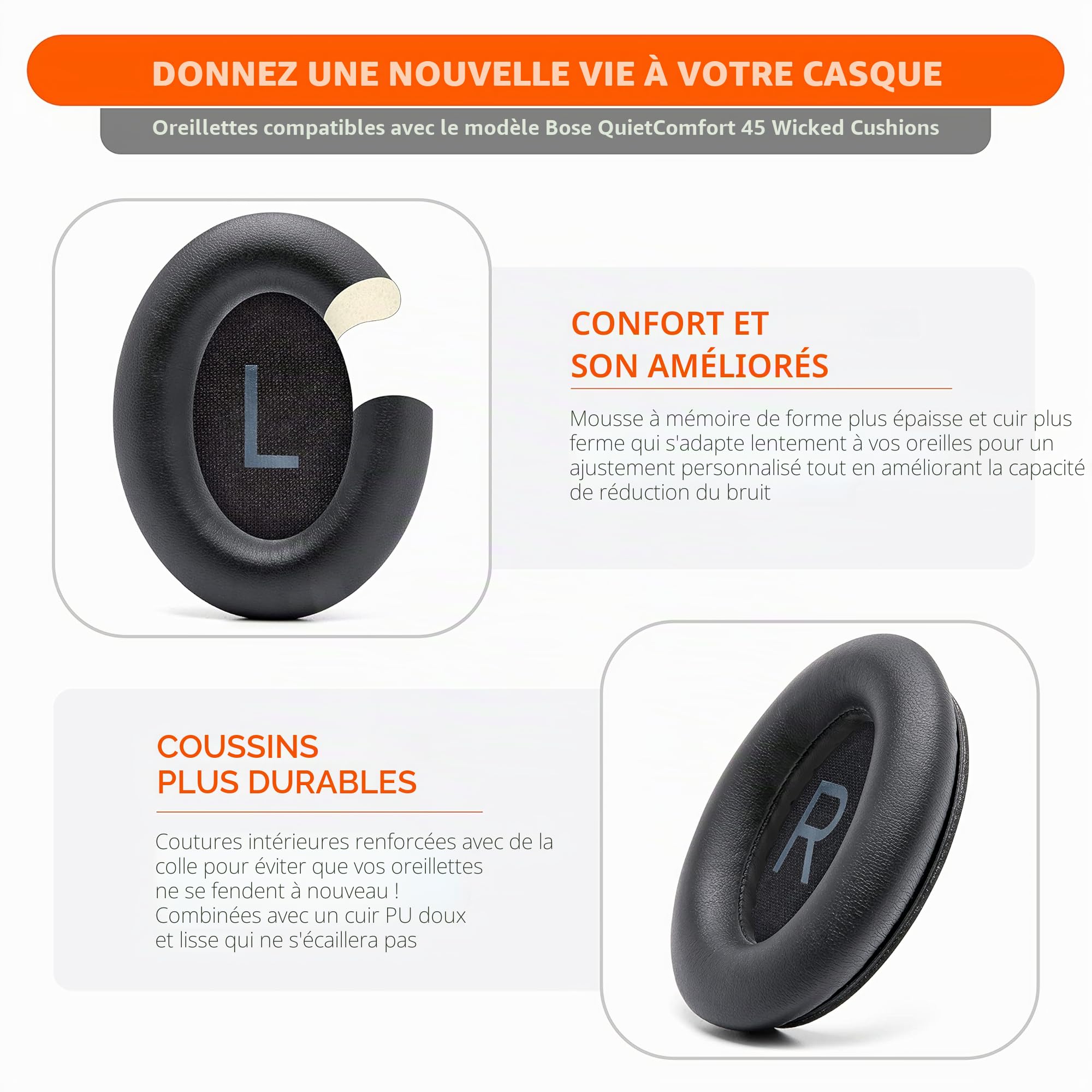 WC PadZ QC45 - Oreillettes pour Bose QuietComfort 45 / QuietComfort Se/QuietComfort Wireless, fabriqués par Wicked Cushions | Coussin Extra épais | Black