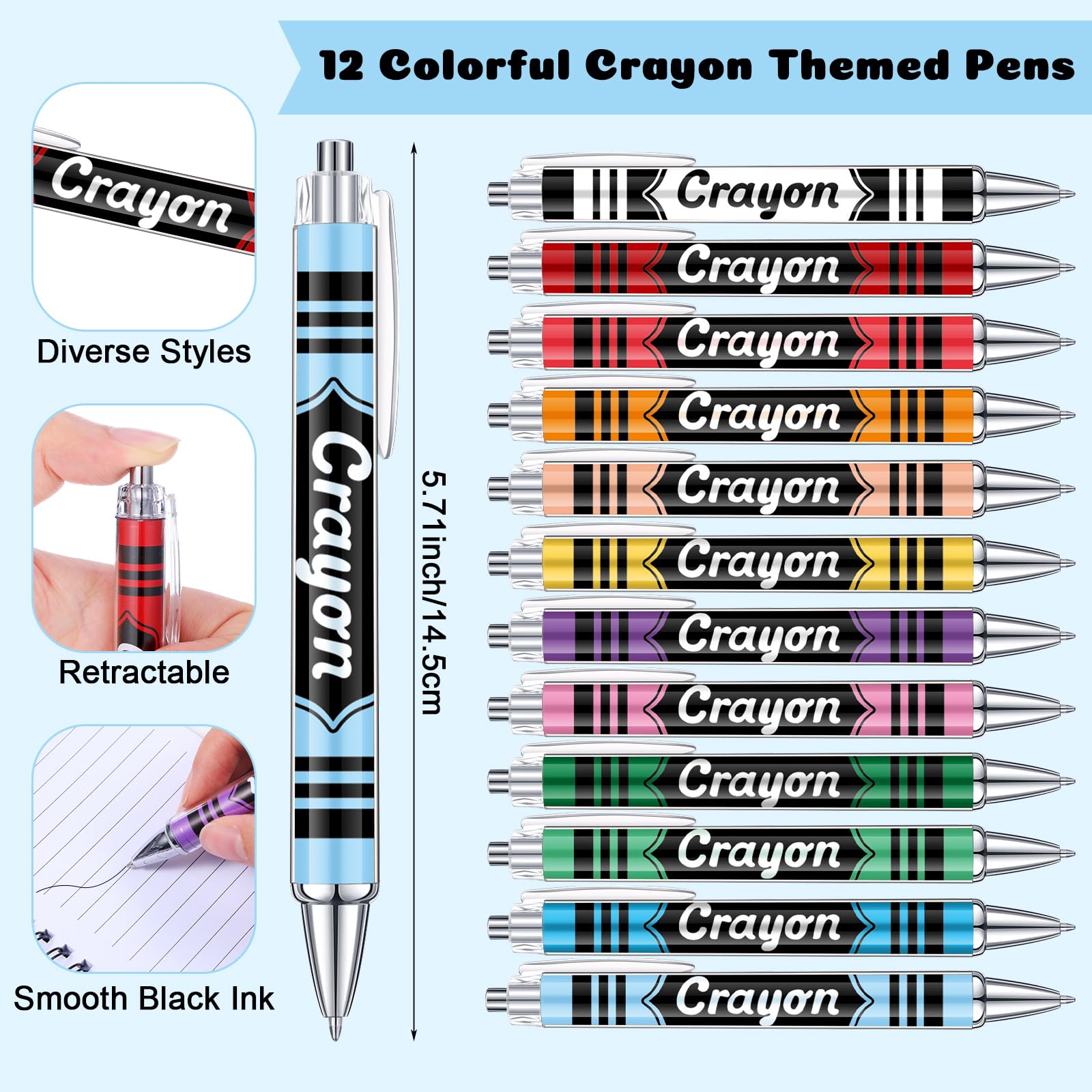 24 cuadernos y bolígrafos para el regreso a clases, 12 coloridos diarios de bolsillo en espiral con temática de crayón, 12 bolígrafos a granel, suministros de crayón a granel, regalos de