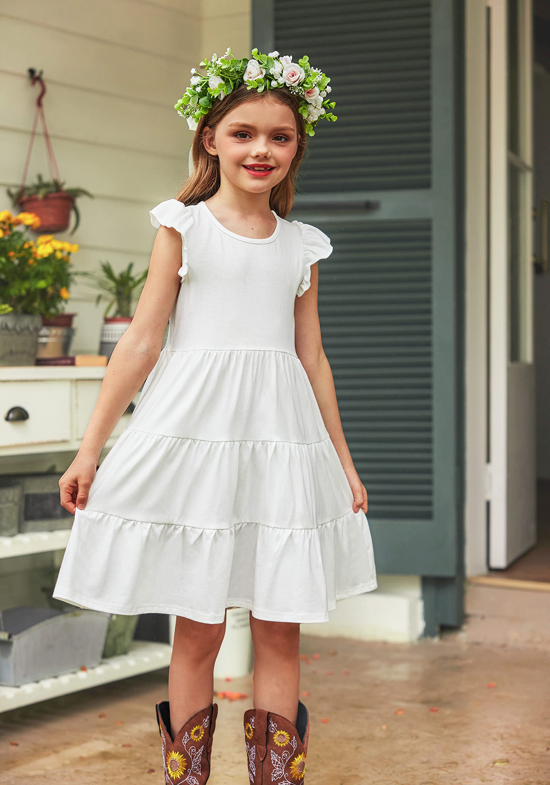 Arshiner Filles Robes d‘été Manches Volantées Enfants Coton Loisir Robe Col Rond Élégante Manches Courtes Robes de Fête pour Fille 4-14 Ans
