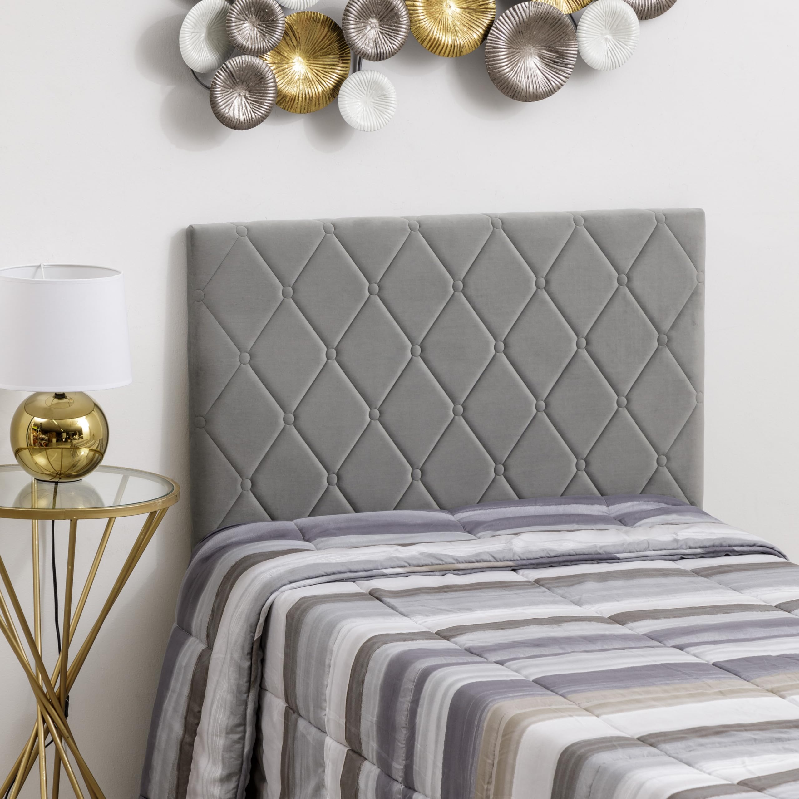 Baroni Home Testata del Letto Imbottita in Velluto Grigio con Struttura Interna in MDF, Doppio Gancio in Acciaio e Altezza regolabile, Facile Montaggio a Muro, Design Elegante e Confortevole, 92x55 cm