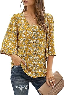 Ecrocoo Women's Casual 3/4 Bell Sleeve V Neck Print Button Down Loose Tops Blouses Shirt