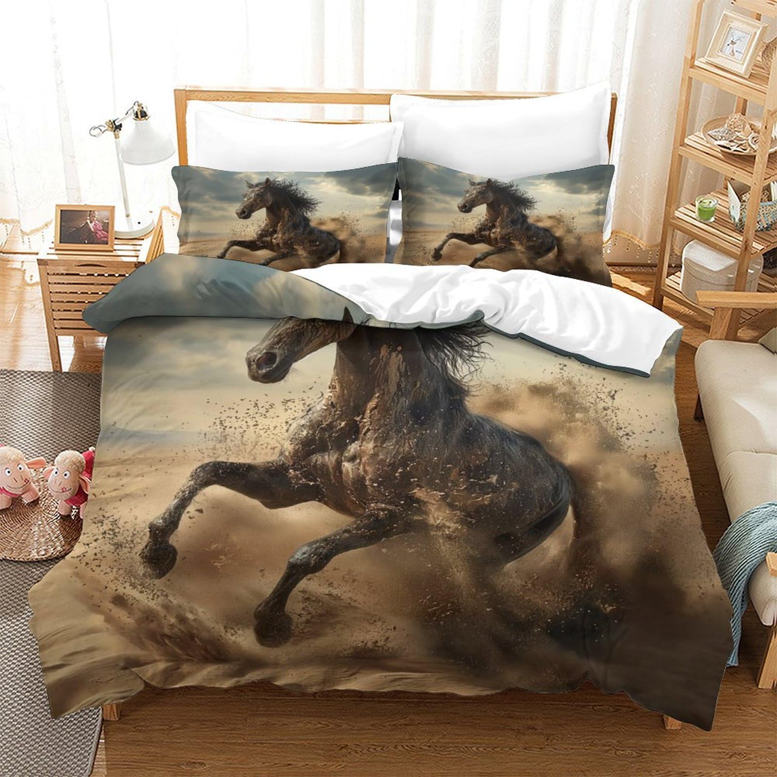 P1S9U7W5Y Vintage Horse 3D Printed Duvet Cover Set 3pcs Microfiber Horse Bedding Set Double（200x200cm）