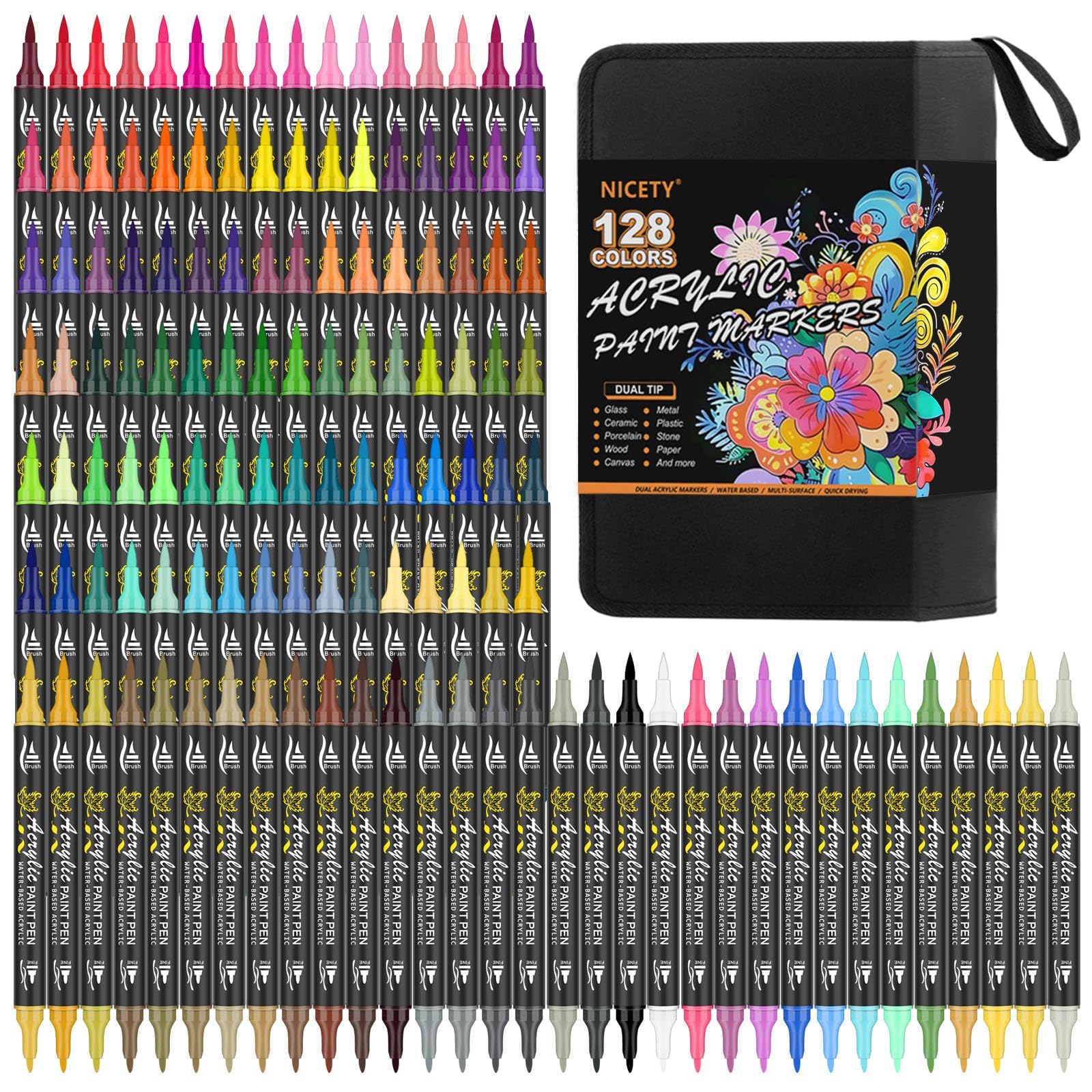 NICETY 128 Acrylstifte für Steine Wasserfest - Dual Tip Acrylmarker Multimarker für Steine Bemalen Holz Stein Stoff Leinwand Glas Keramik, 0.5-5mm Acrylfarben Stifte Acrylic Paint Marker Set