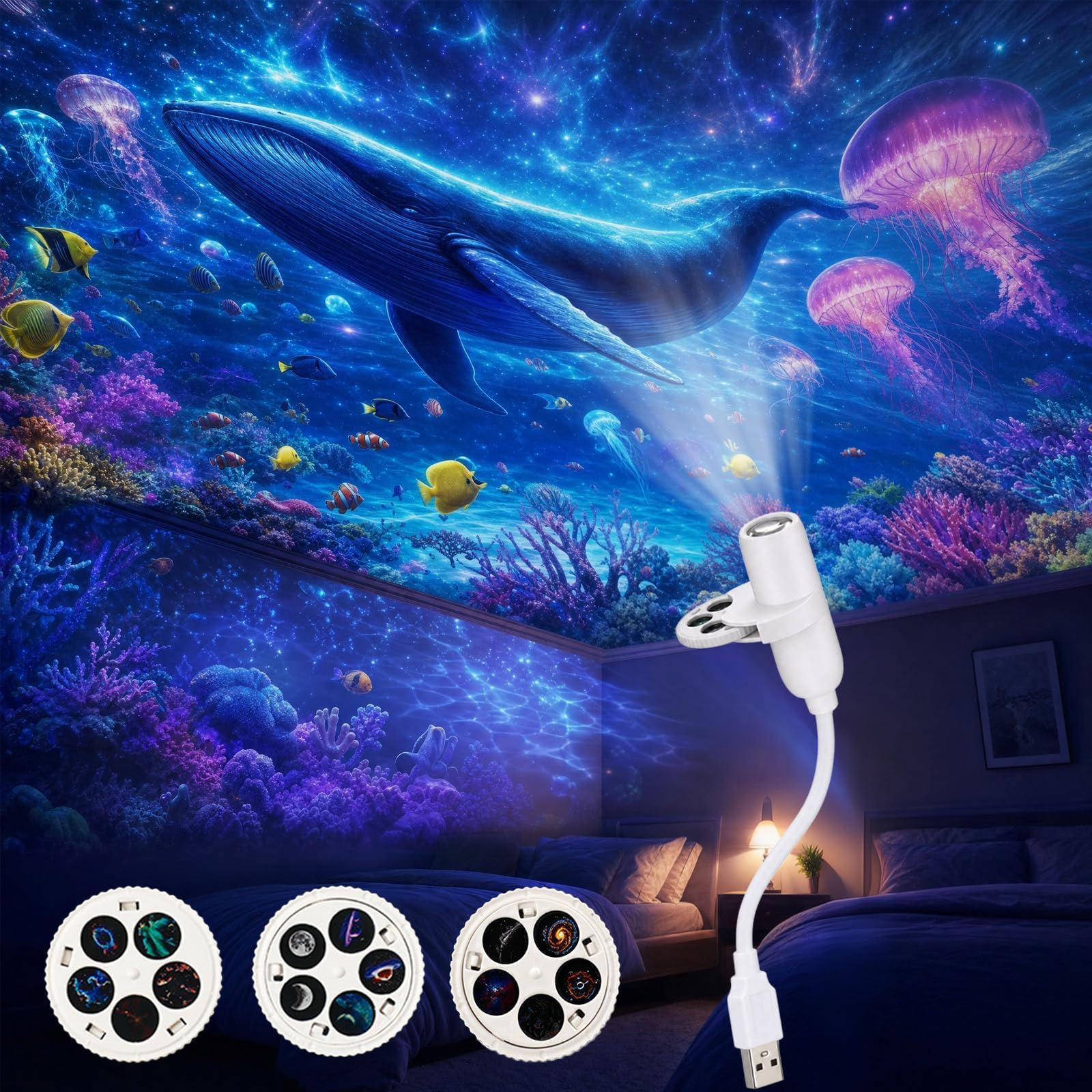 Vibbang Projector Night Light, USB 5d Holographic Projector with 15 Films