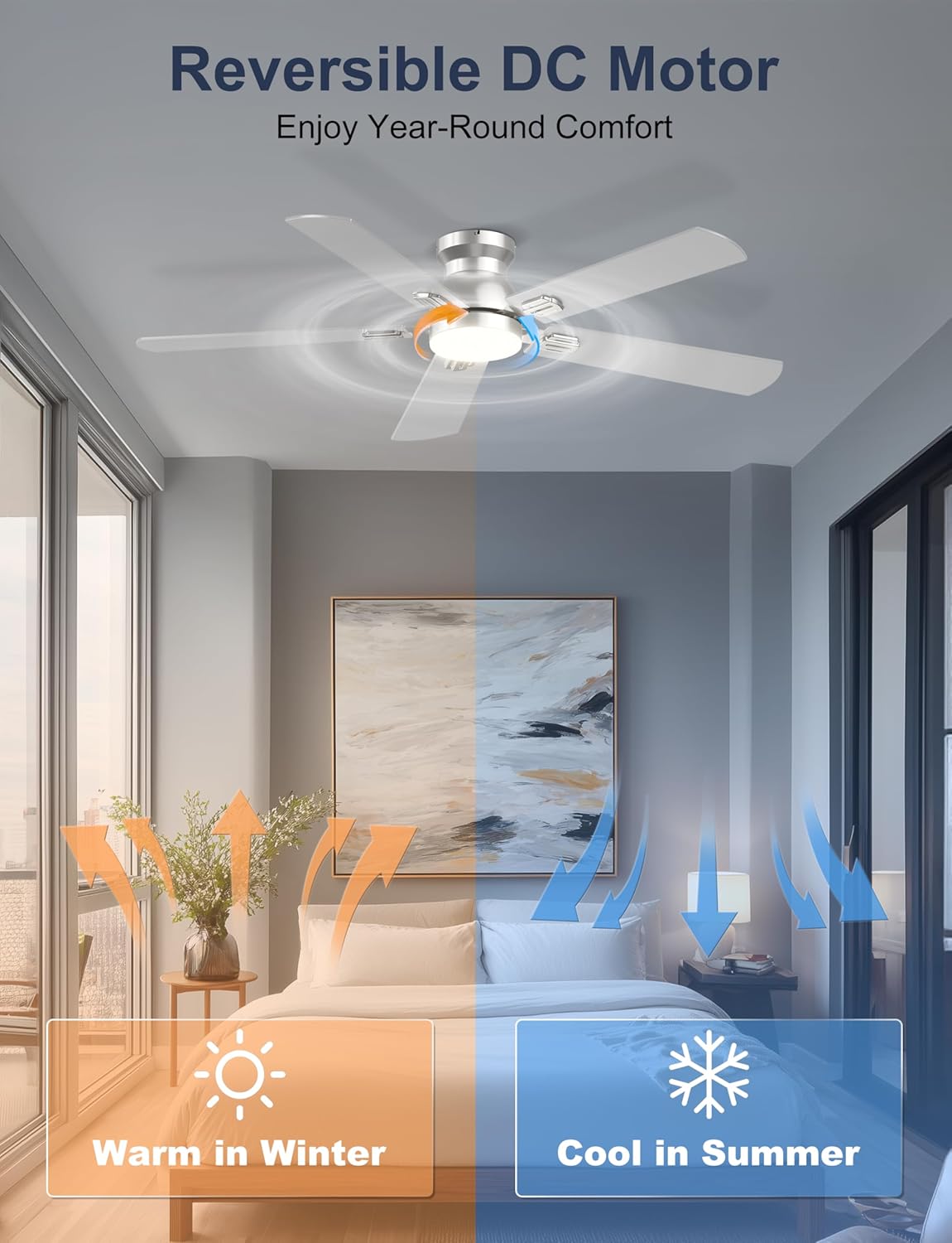 52'' Flush Mount Ceiling Fan with Lights, Silver Low Profile Ceiling Fan for Low Ceilings, Quiet Modern Ceiling Fan for Living Room Bedroom, App & Remote Control