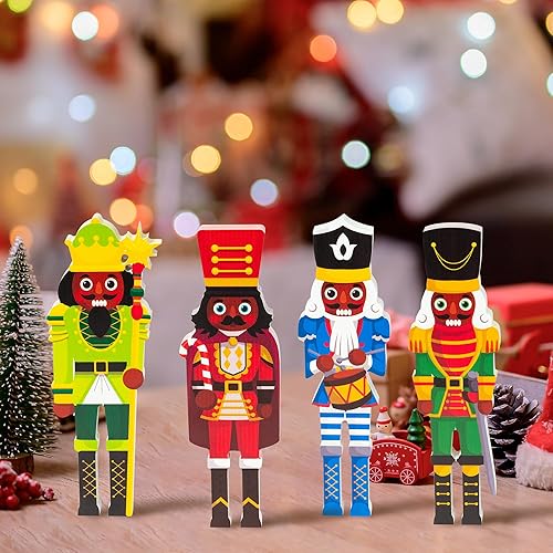 Miniatura 4 de B1ykin 4 piezas de decoración de bandeja de madera con niveles de cascanueces africanos de Navidad, centros de mesa independientes con soldado rey
