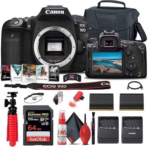 Canon Cámara DSLR EOS 90D (solo cuerpo) (3616C002) + tarjeta de memoria de 64 GB + funda + software de foto Corel + batería LPE6 + cargador + lector