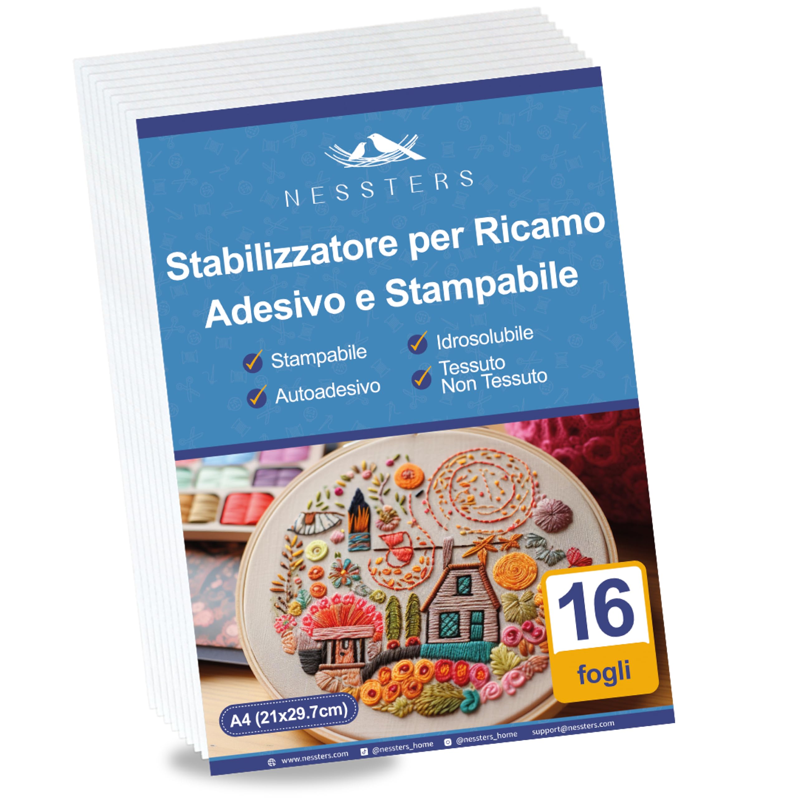 Carta Adesiva Idrosolubile per Ricamare – 16 Fogli A4 Stampabili – Carta per Ricamo Adesiva e Solubile in Acqua – Stabilizzatore Ricamo per Stick and Stitch, per Ricamare a Mano o Macchina