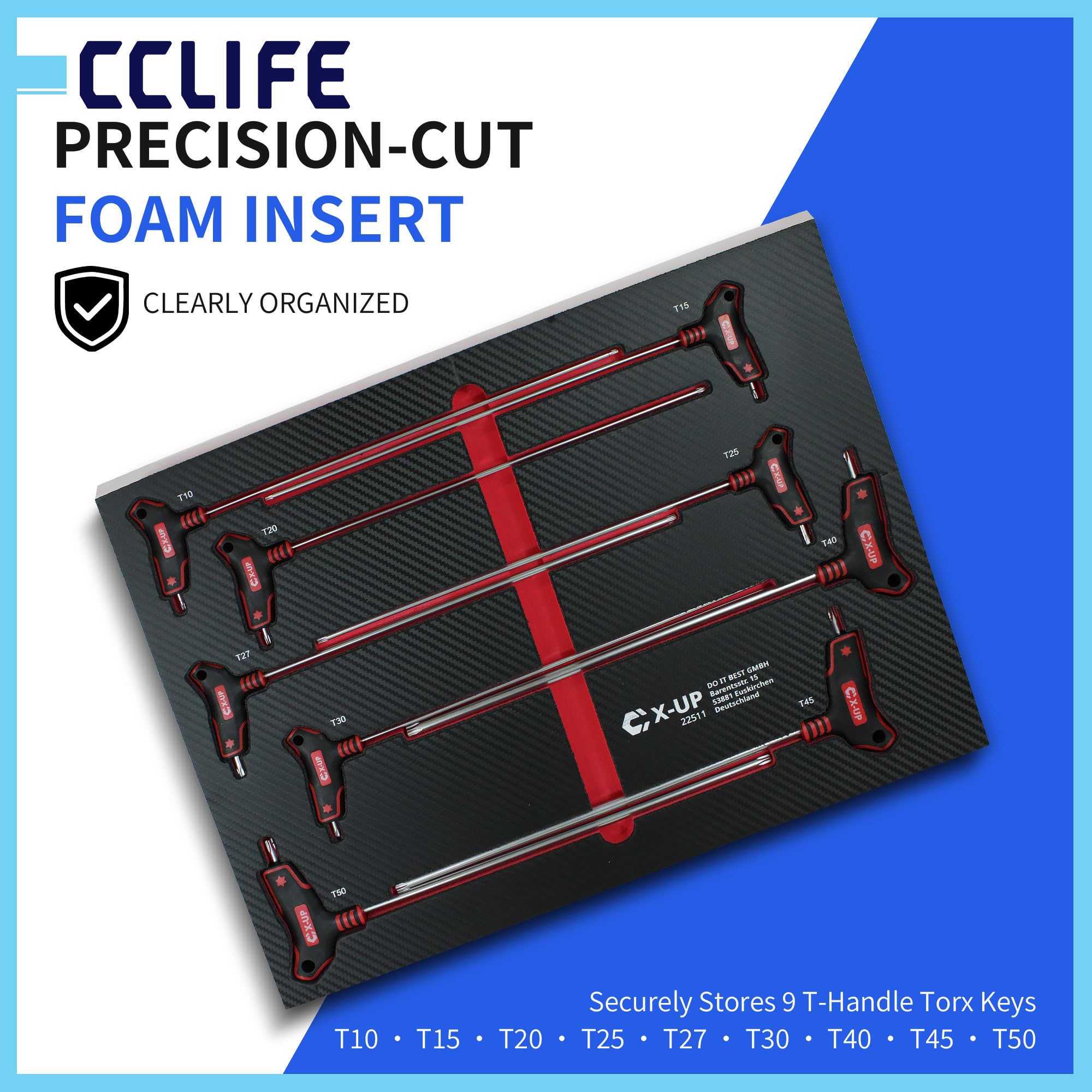 CCLIFE Torx zestaw kluczy z uchwytem T T10-T50 Torx 9-częściowy | 300 mm długości, stal S2, konstrukcja z dwoma końcówkami, narzędzie do naprawy roweru samochodowego
