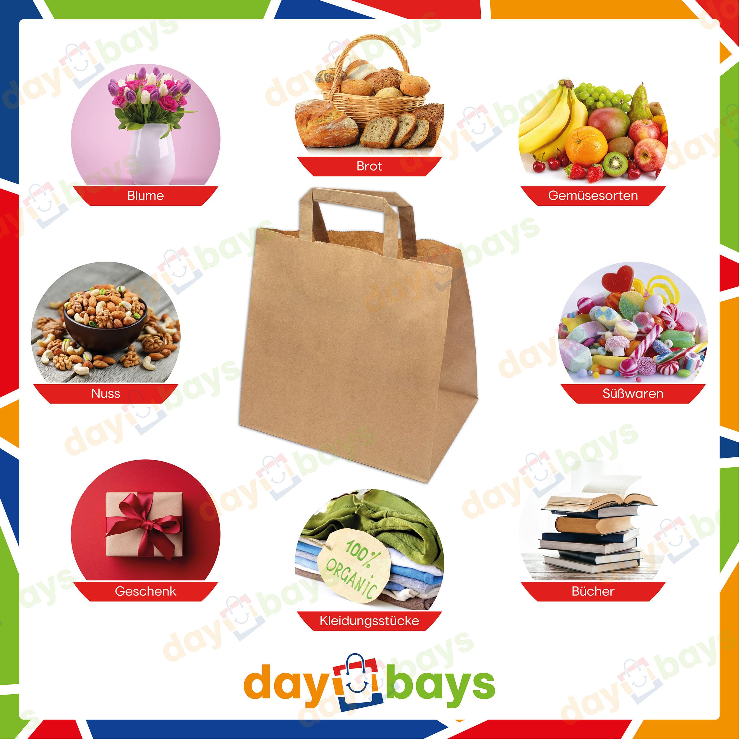 Daybays Papiertüten 26+17 x 25 cm Braun 250 Stk. Geschenktüten Papiertragetaschen mit Henkel aus Kraftpapier, Papiertaschen Geschenktüte Papiertüte klein (250)