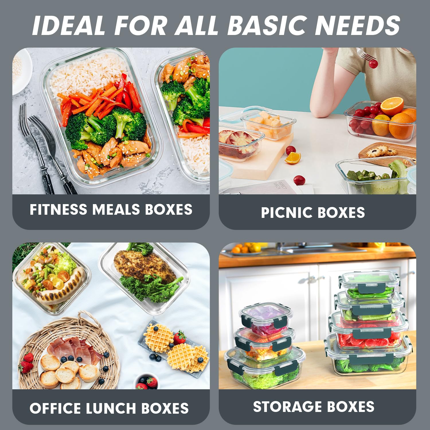 Juego de 30 recipientes de vidrio para preparación de comidas, contenedores apilables de almacenamiento de alimentos con tapas, recipientes herméticos de vidrio para el almuerzo, para 6