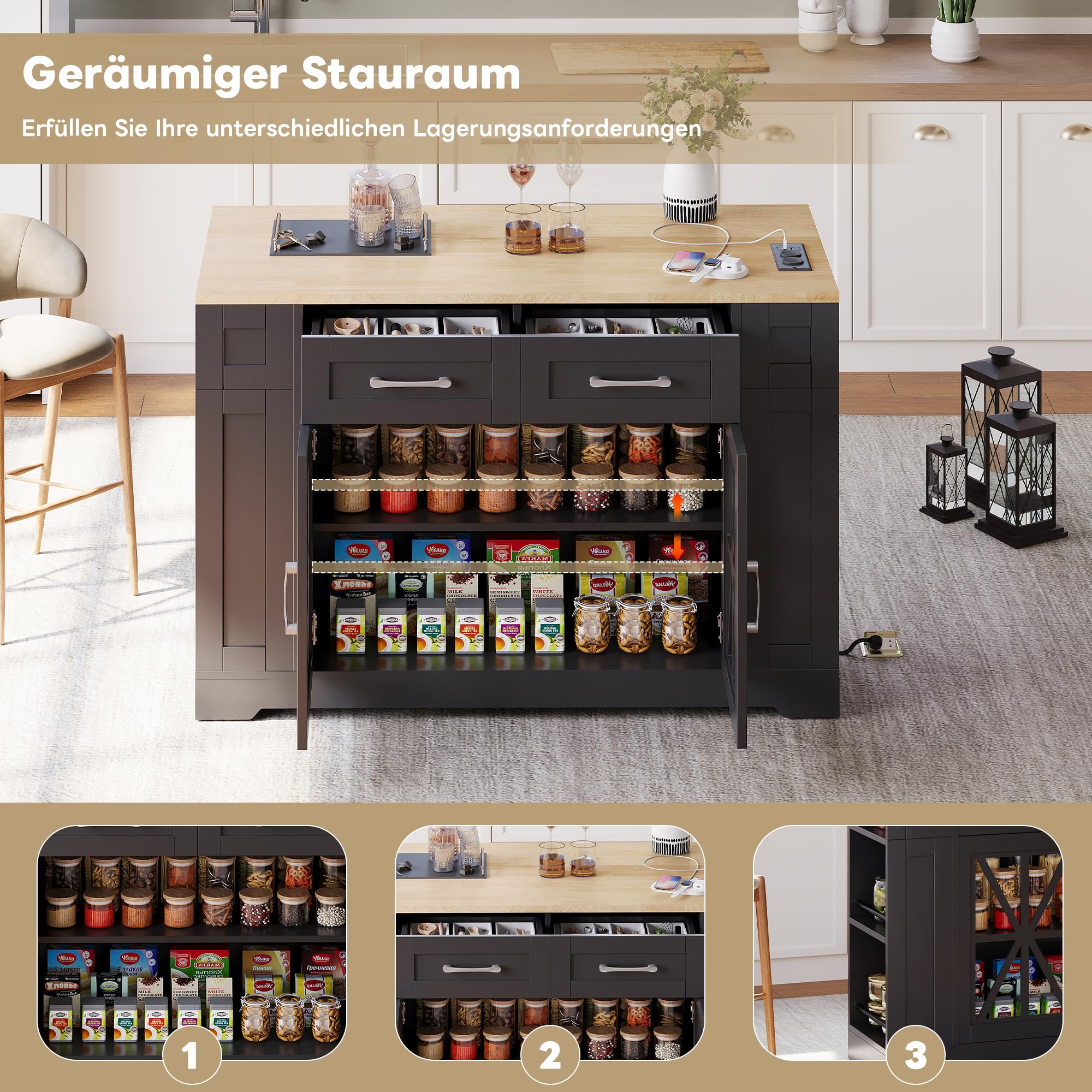 Isola da cucina mobile, carrello da cucina, tavolo da pranzo allungabile con ripiano aperto, connettore AC, laminato regolabile, ruote con freni, per cucina, sala da pranzo, 120 x 65 x 92