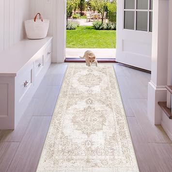 Area Rug 2x6 Runner Rug Washable Vintage Hallway Rugs Indoor Medallion Rug Low Pile Distressed Floor Carpet Retro Accent Rugs for Kitchen Bedroom Bathroom Dining RoomBeige, 2x6