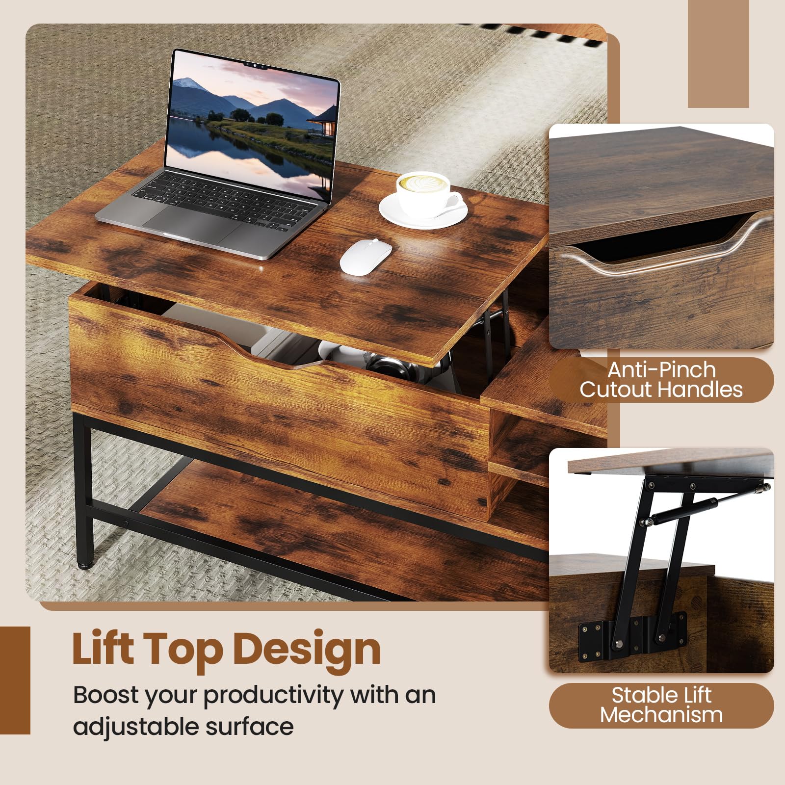 GIANTEX Couchtisch Höhenverstellbar, Wohnzimmertisch mit Stauraum, Tisch Wohnzimmer mit Offenem Fach & Ablagefach, Sofatisch Kaffeetisch Holz Metallrahmen, Beistelltisch Couch Tisch 100x49,5x47,5 cm