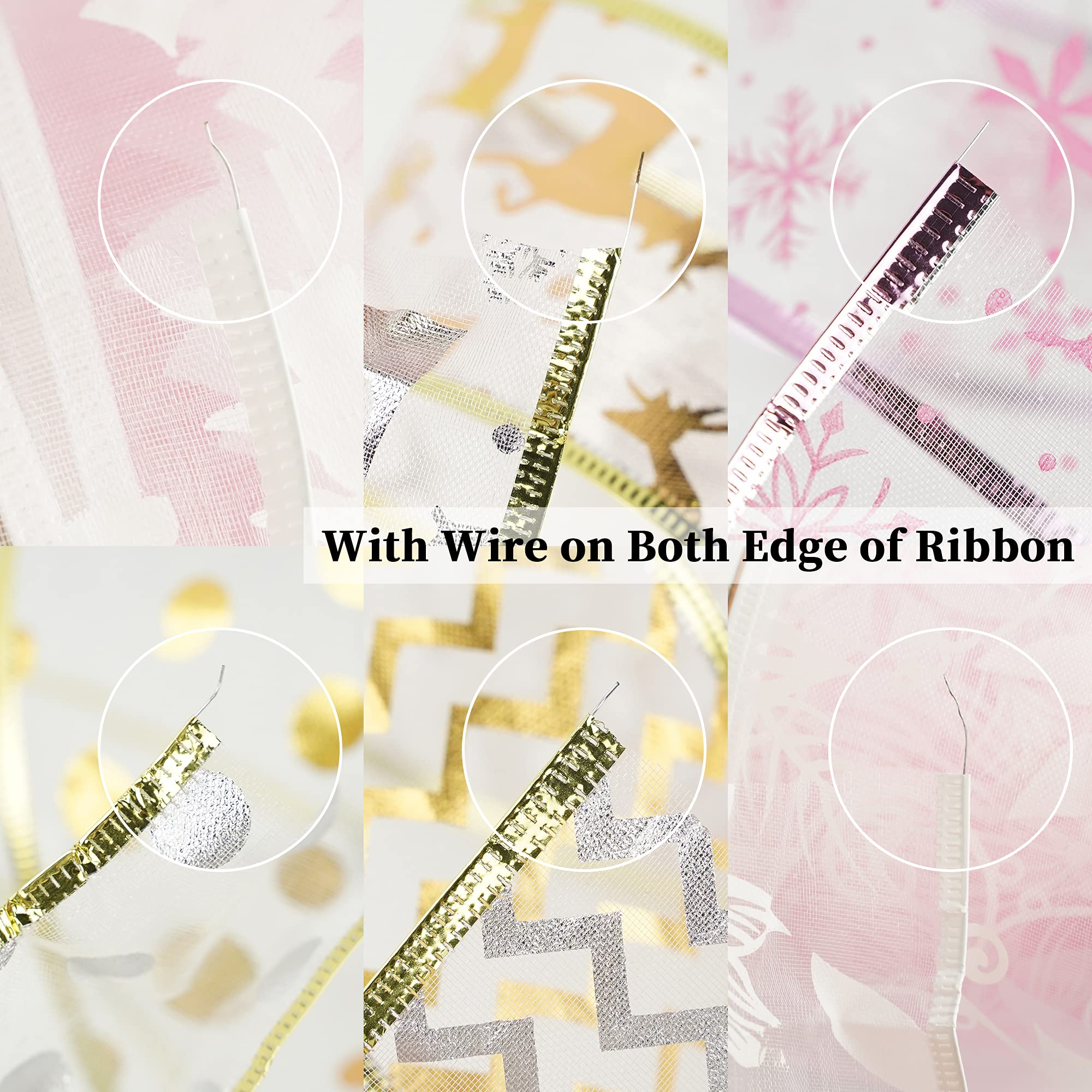 MEEDEE Weihnachtsband, 6.3 cm, 6 Rollen, 36 Yards, rosafarbenes Gold, Weihnachtsbaumschmuck, Drahtband, Sortiment perfekt für Geschenkverpackungen, Schleife, Girlande, Kranz, Treppenhaus, Dekoration