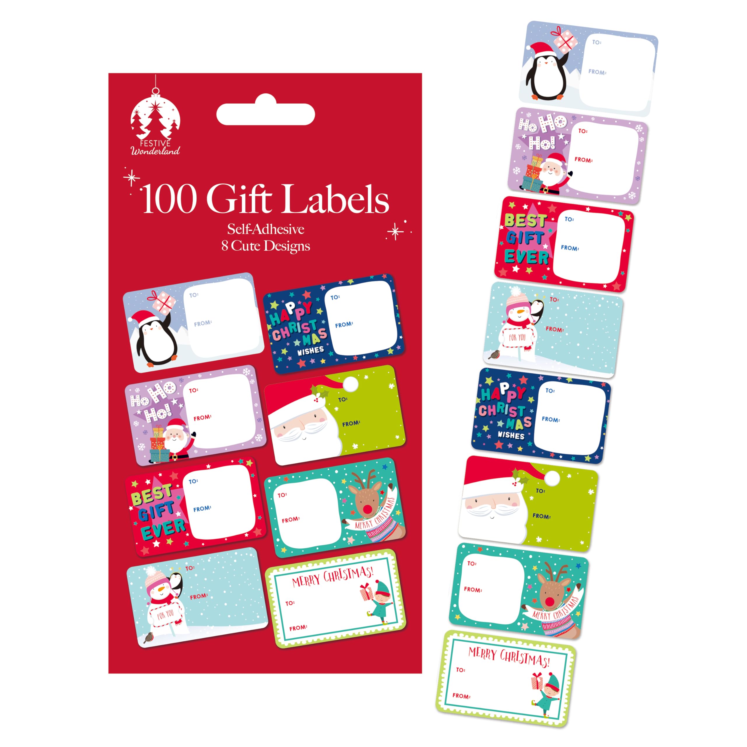 Tallon Christmas Label Gift Stickers – Pack Of 100 Self-Adhesive Tags In 8 Festive Designs – Seasonal Stickers For Wrapping & Packaging